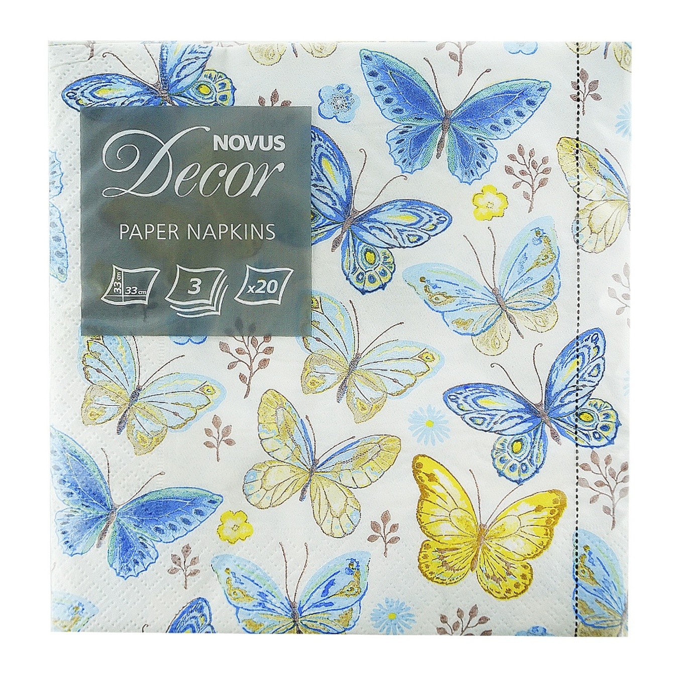 Серветки паперові NOVUS Метелики з малюнком тришарові 33x33см 20шт