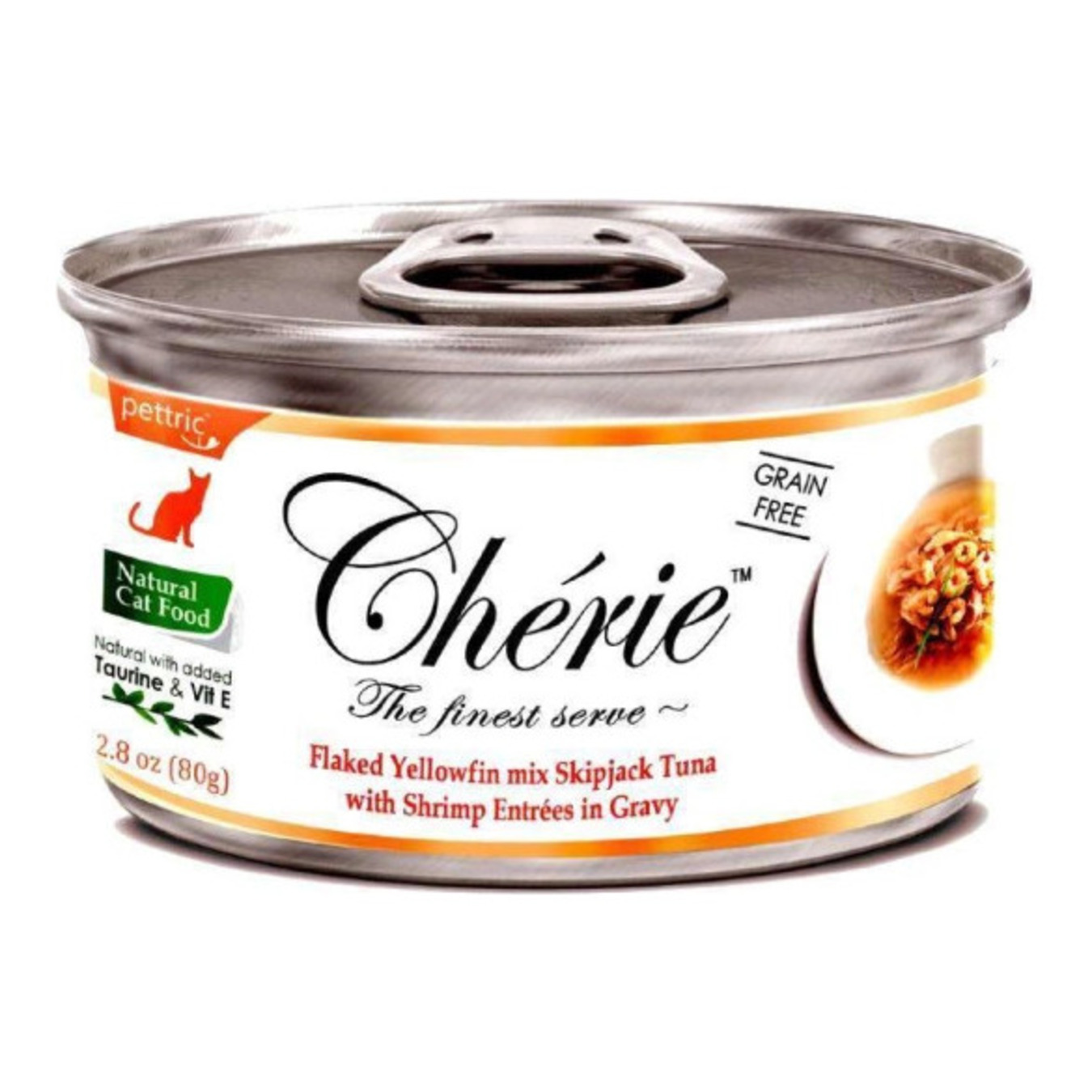 Корм для котів Cherie з ніжними шматочками жовтоперого тунця та креветок в соусі консерва 80г