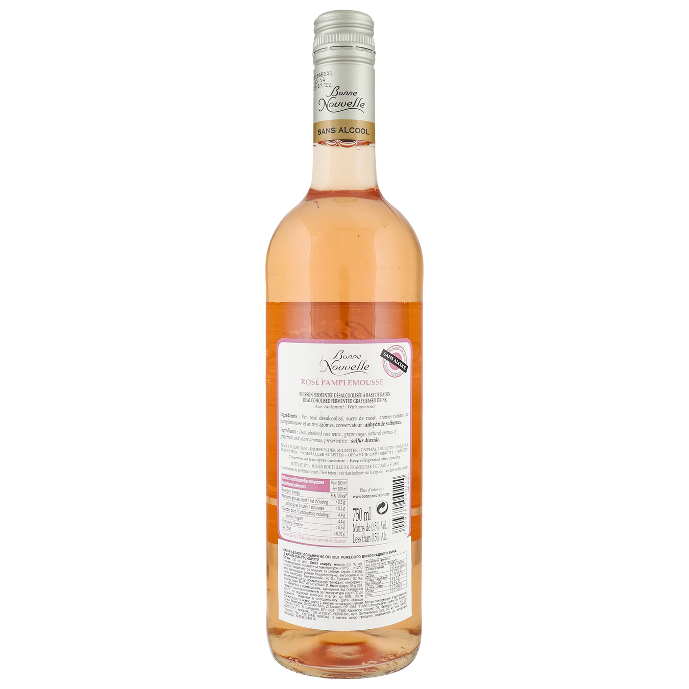 Напій безалкогольний на основі вина Bonne Nouvelle рожевий напівсолодкий з ароматом грейпфруту 0,75л 2
