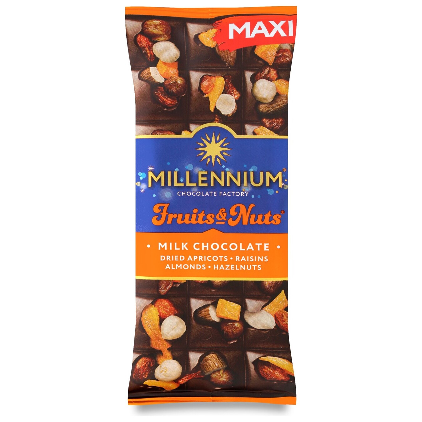Шоколад Millennium Fruits&Nuts молочний мигдаль, лісовий горіх, курага, родзинки 140г