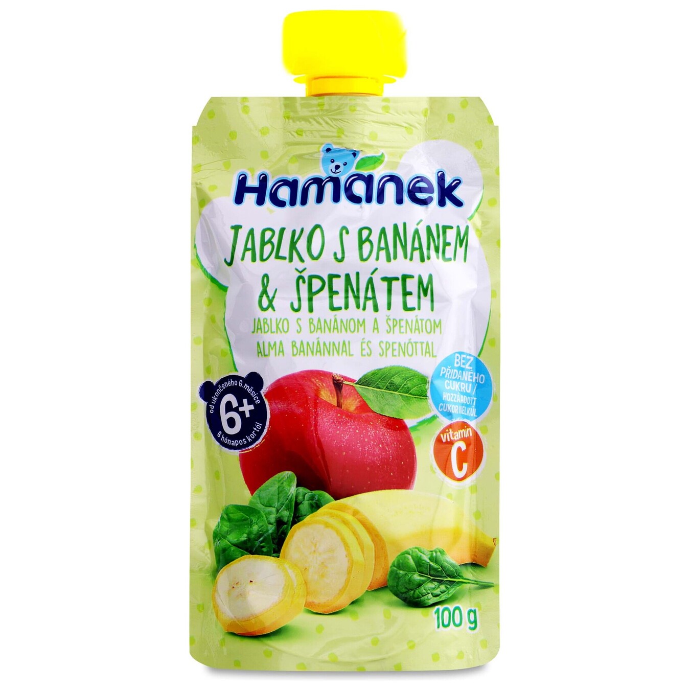 Пюре Hamanek яблуко з бананами і шпинатом пауч 100г