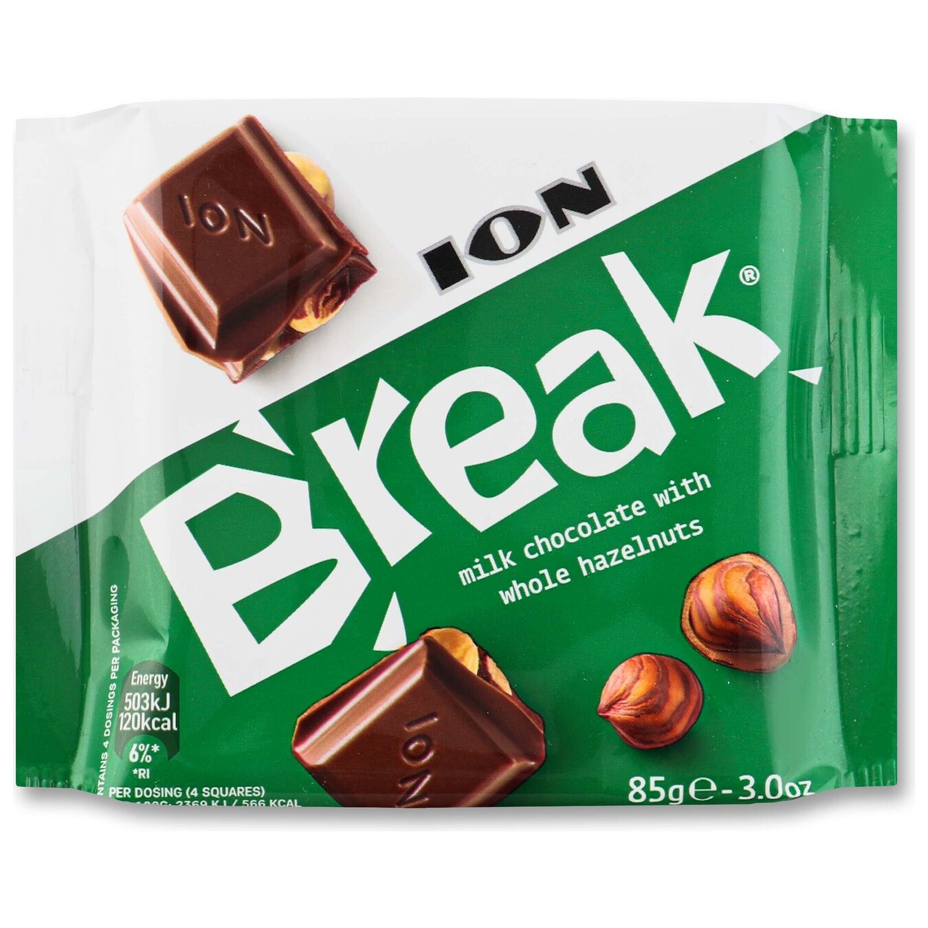 Шоколад молочний ION Break з цілими лісовими горіхами 85г