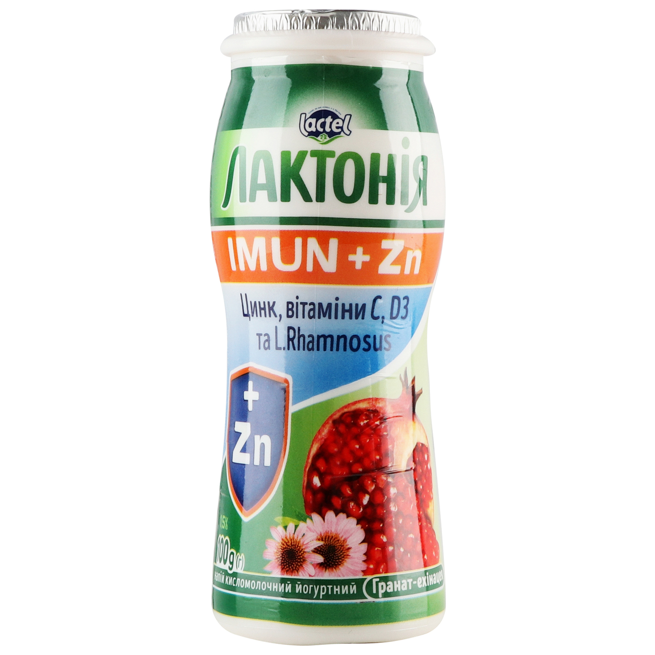 Напій Лактонія кисломолочний йогуртний Імун+ гранат-ехінацея 1,5% 100г пляшка