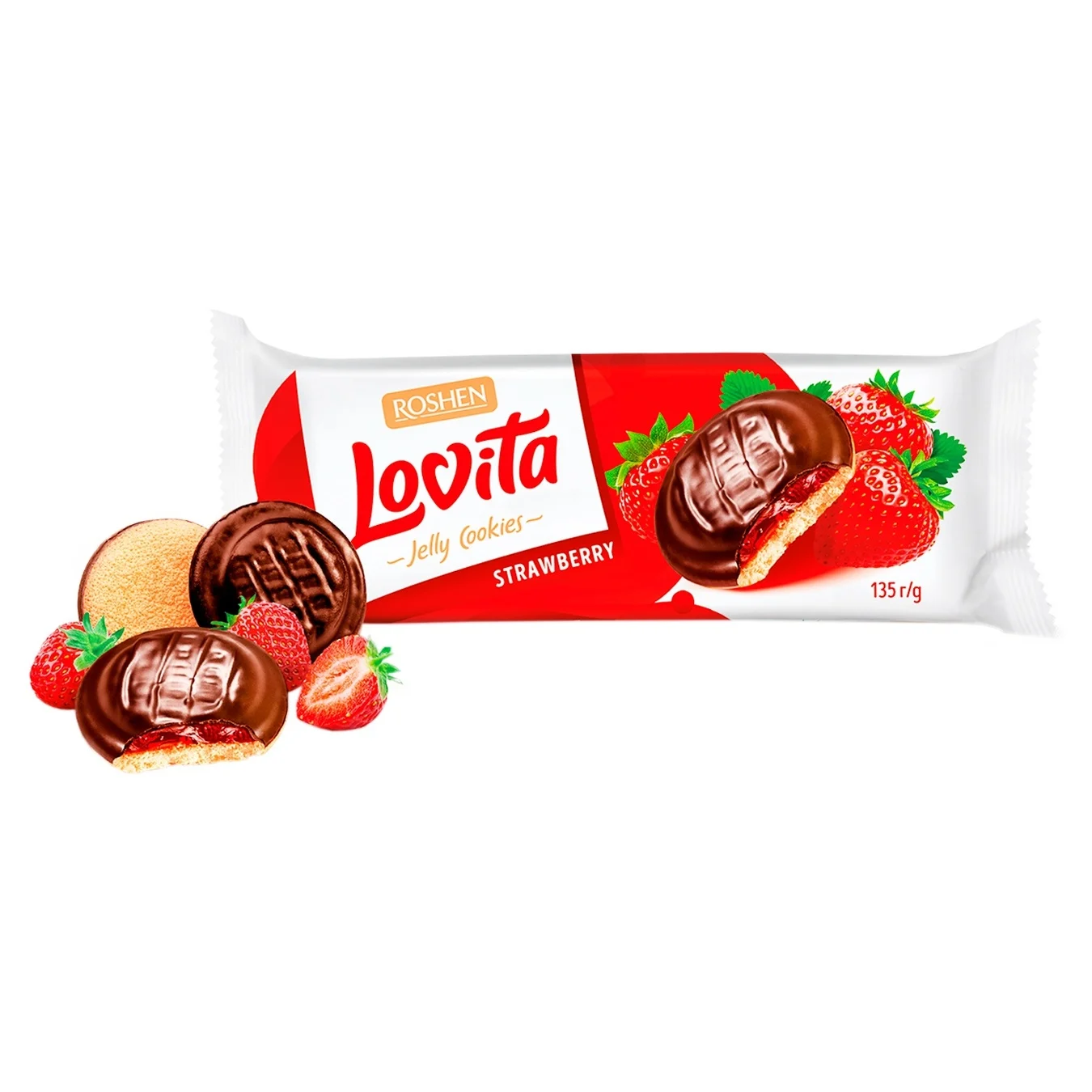 Печиво Roshen здобне Lovita з желейною начинкою зі смаком полуниці 135г