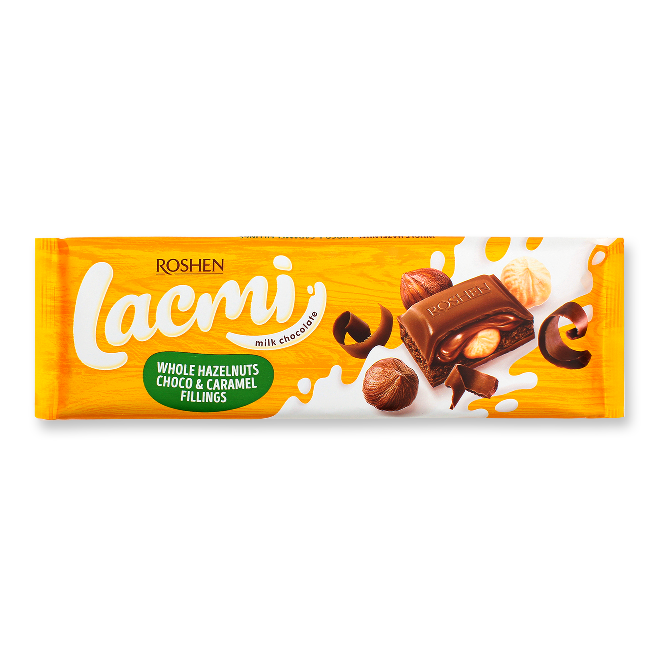 Шоколад молочный Roshen Lacmi с цельными лесными орехами и карамельной начинкой 295г