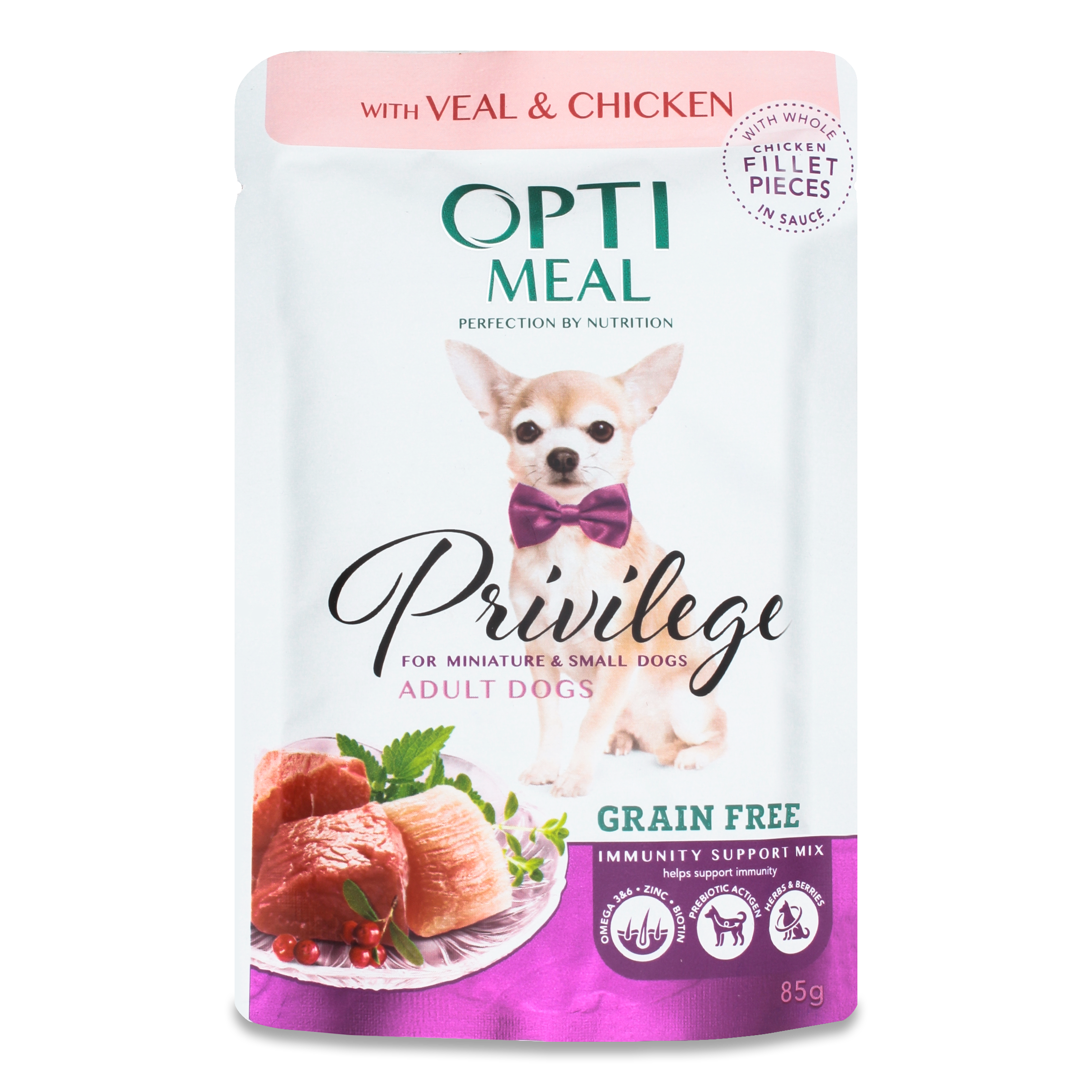 Feed Optimeal veal and chicken fillet in sauce for dogs 85g