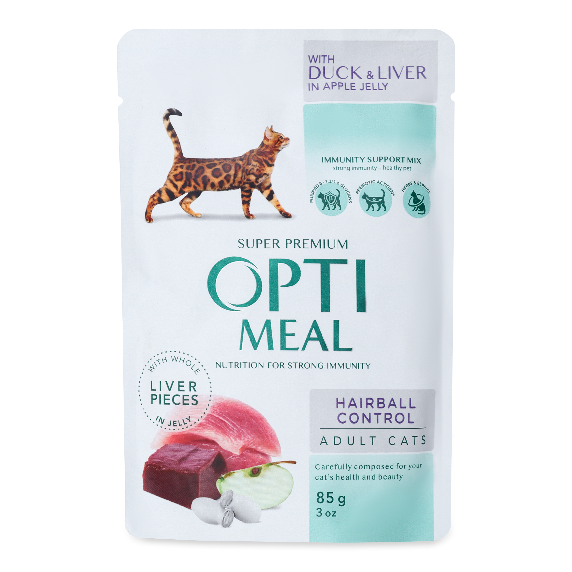 Корм Opti Meal Sensitive качина печінка в яблучному желе з ефектом виведення шерсті для котів 85г