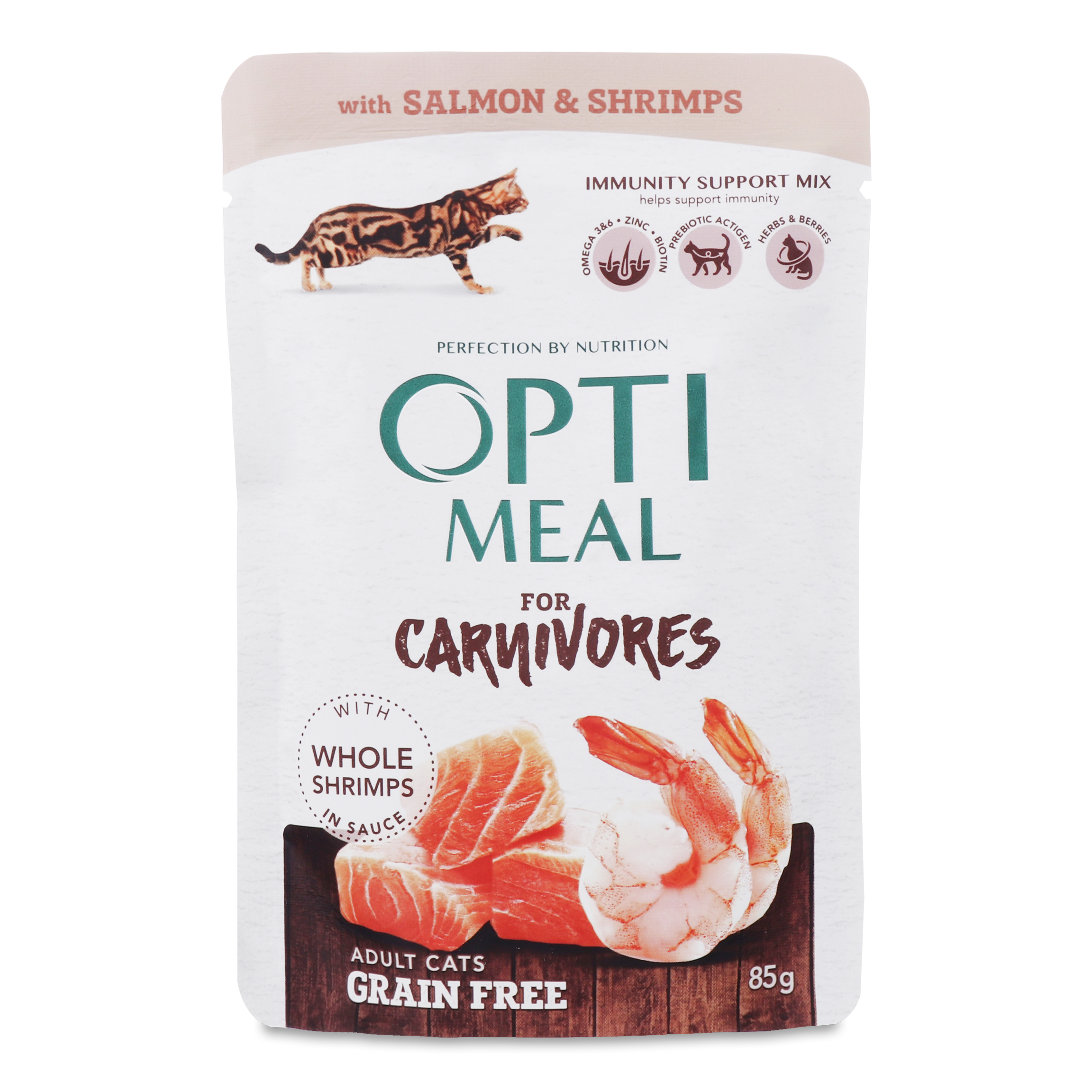 Optimeal Canned feed grain-free with salmon and prawns in sauce for cats 85g