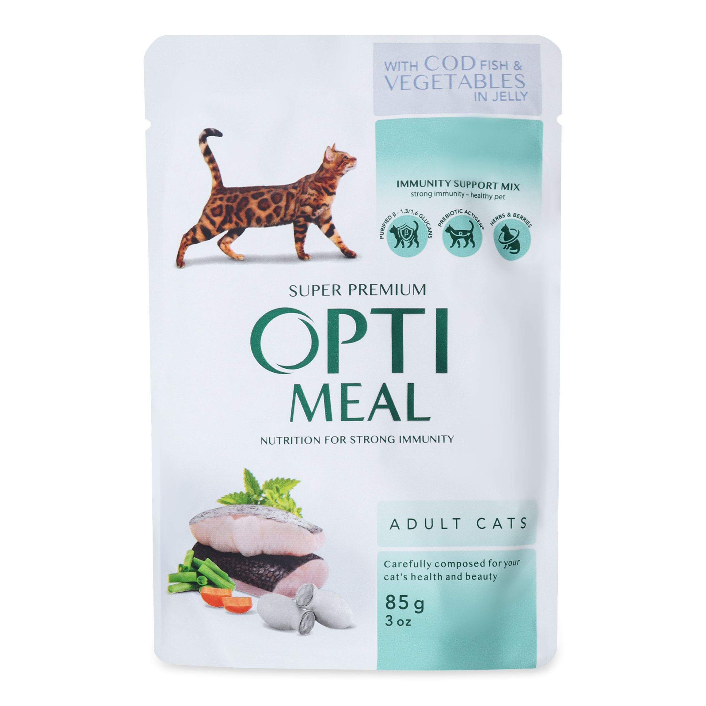 Корм Opti Meal Sensitive тріска з овочами в желе для котів 85г