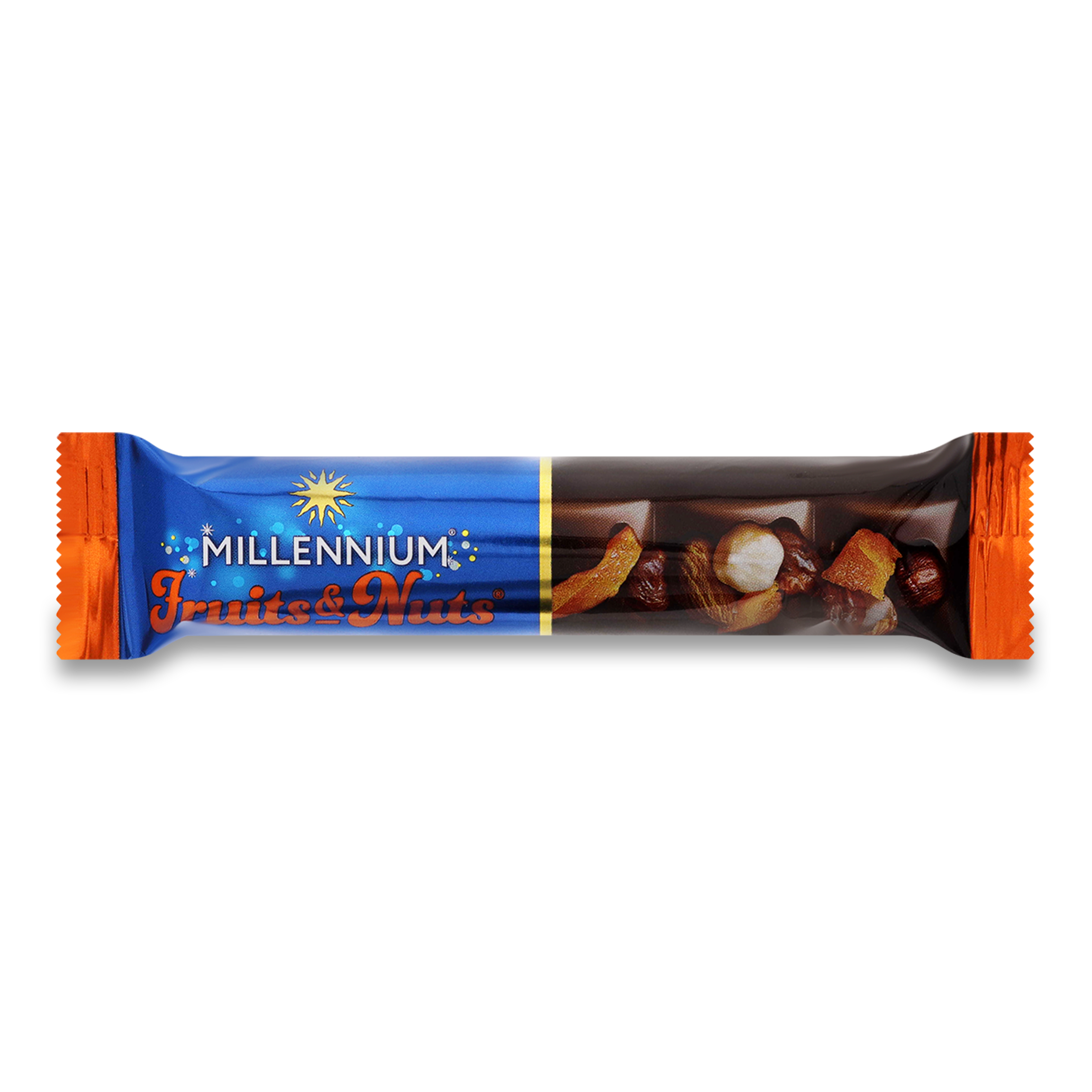 Шоколад Millennium Fruits&Nuts молочний з мигдалем, цілими лісовими горіхами, курагою та родзинками 35г