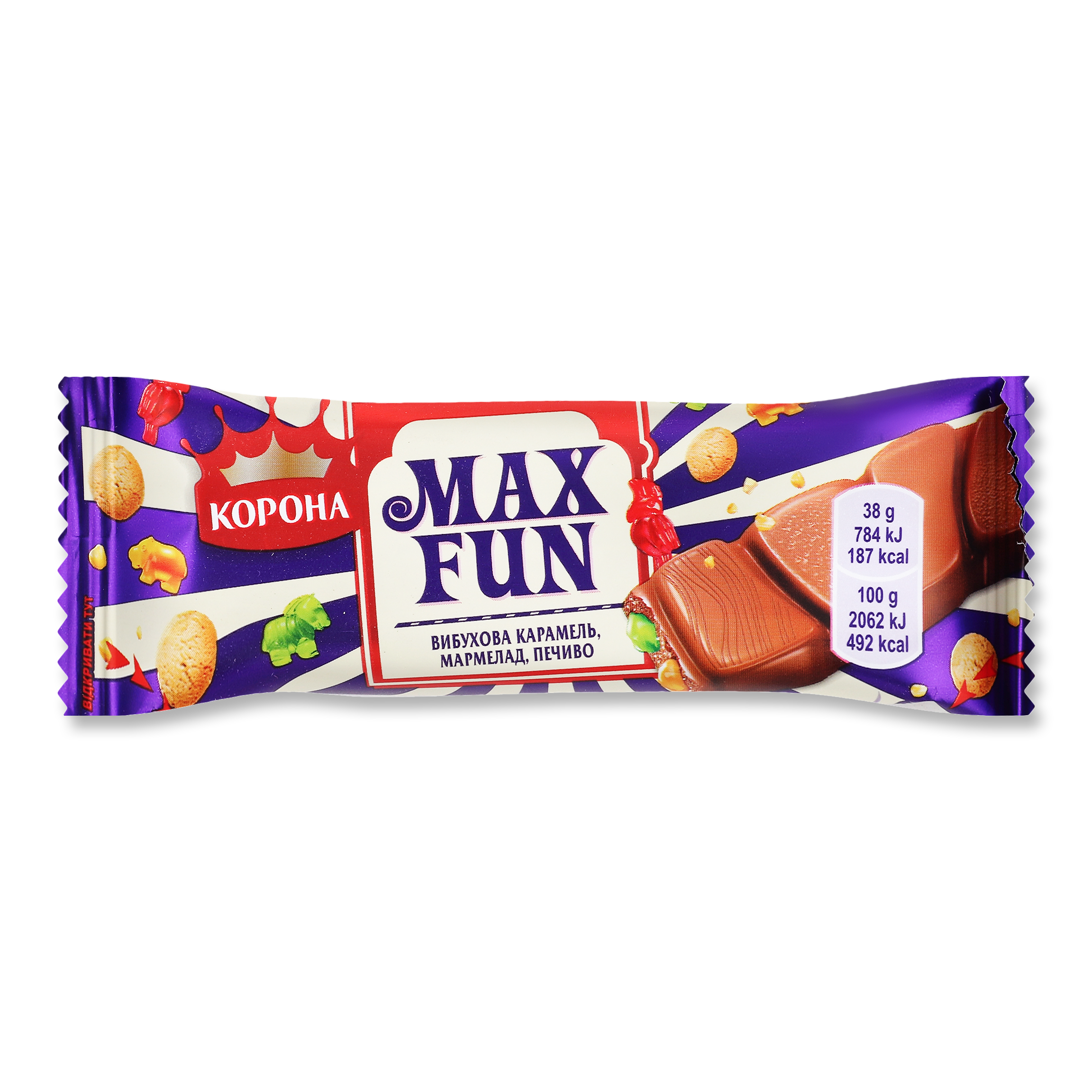 Шоколад Корона Max Fun молочний з вибуховою карамеллю, мармеладом та печивом 38г