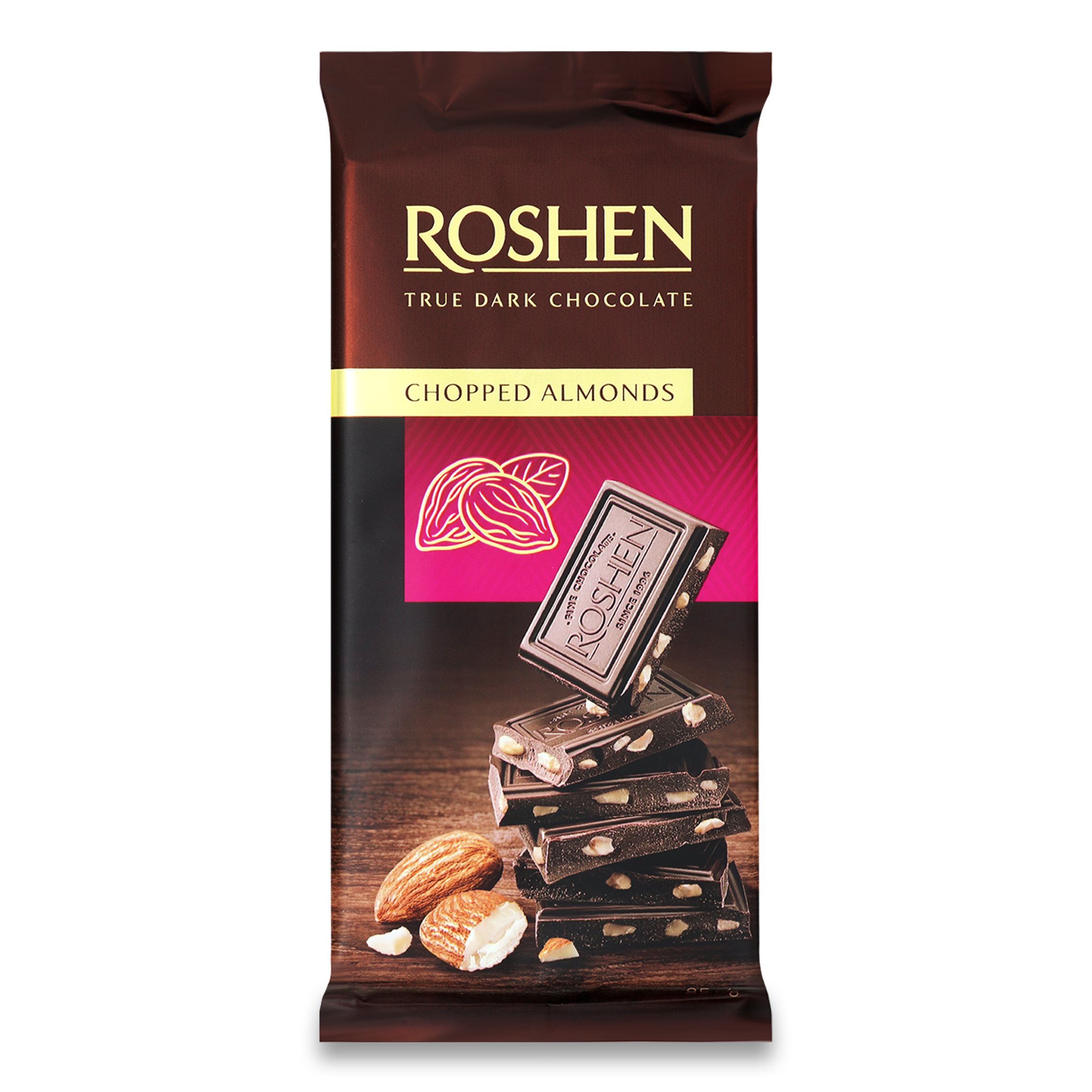 Roshen chocolate black with salted crushed almonds 85g