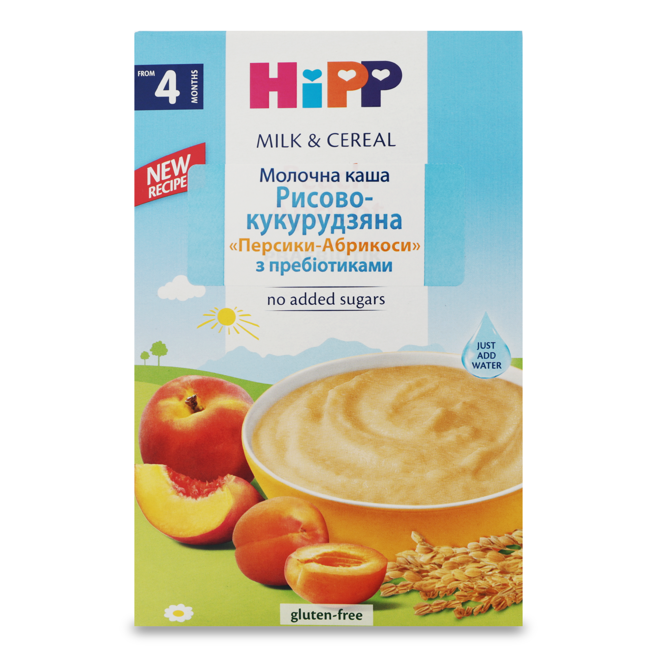 Каша Hipp молочна рисово-кукурудзяна з персиком та абрикосом для дітей з 4 місяців 250г
