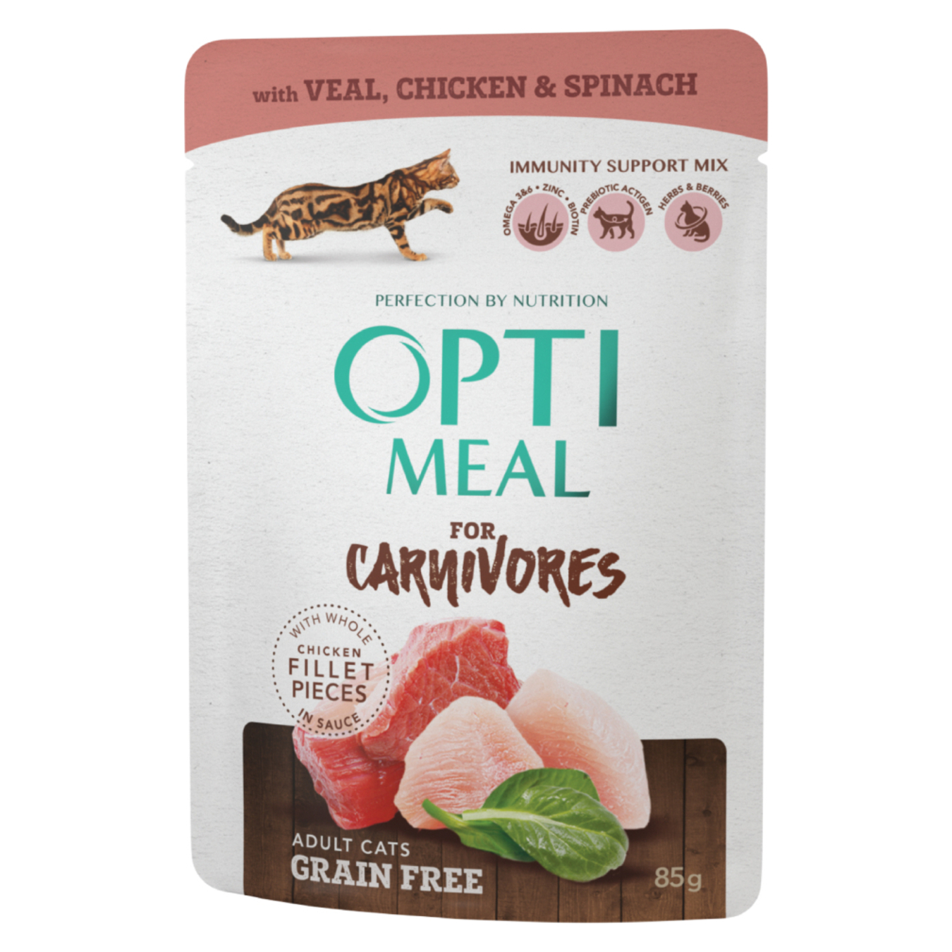 Optimeal Canned feed non-cereal with veal chicken fillet and spinach for cats 85g