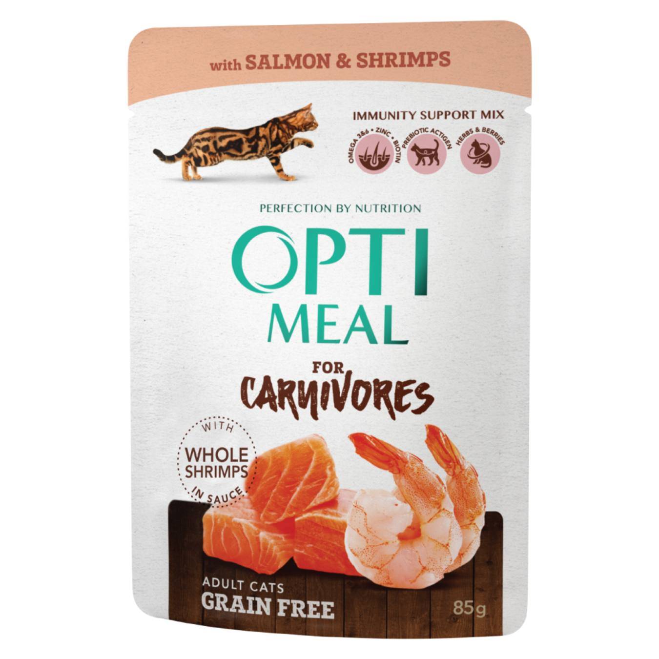 Корм Optimeal консервований беззерновий з лососем і креветками в соусі для кішок 85г