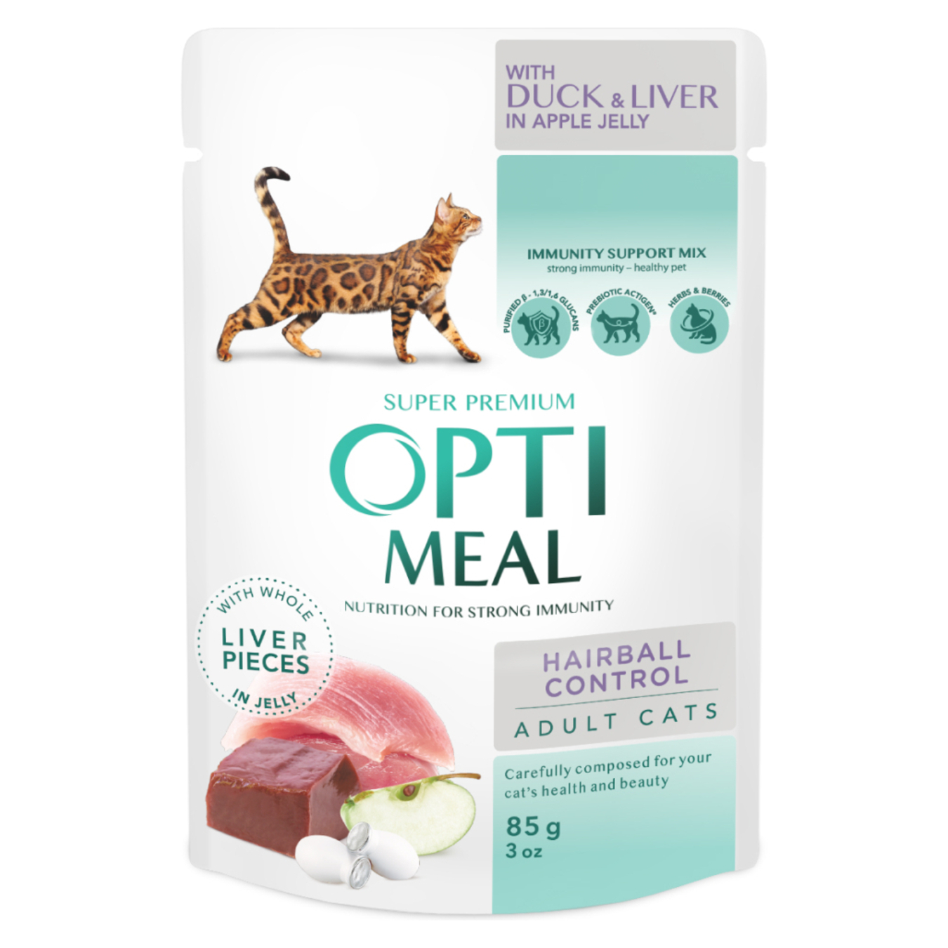 Корм Opti Meal Sensitive утиная печень в яблочном желе с эффектом выведения шерсти для кошек 85г