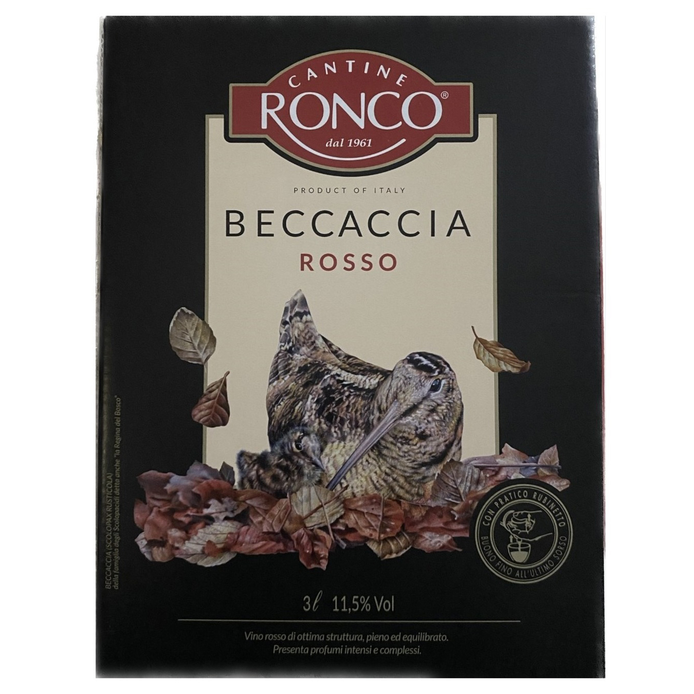 Вино Cantine Ronco Beccaccia красное сухое 11,5% 3л