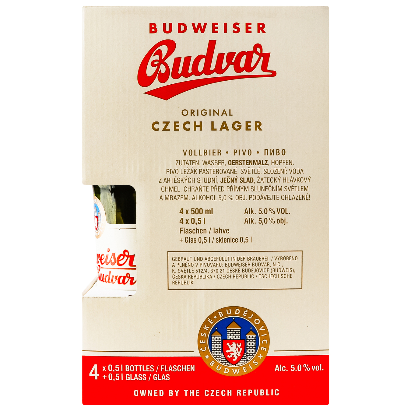A set of Budweiser light beer 5% 2*0.5 l s/pl + a glass 4