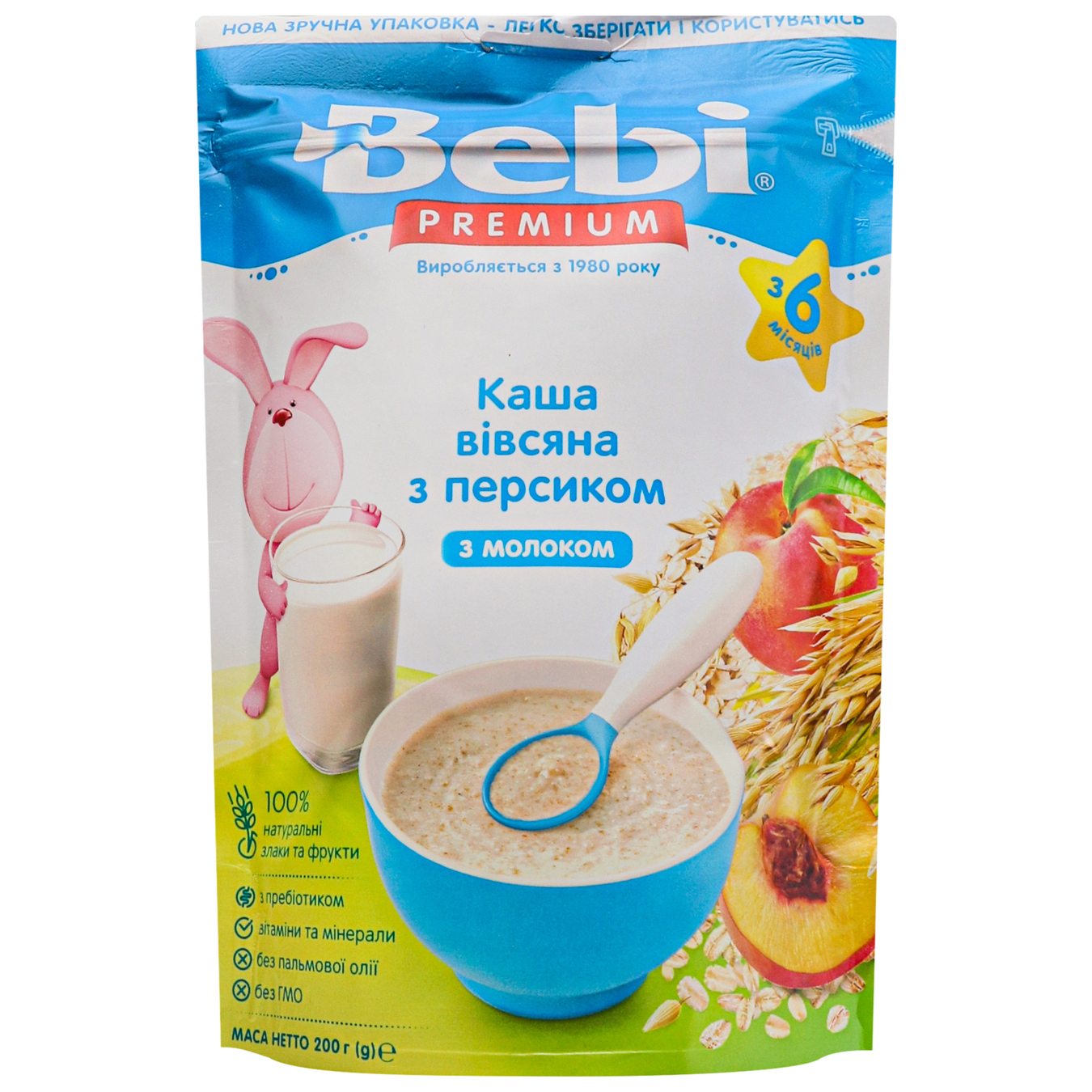 Каша Овсяная Bebi Premium с персиком молочная с 6 месяцев 200г