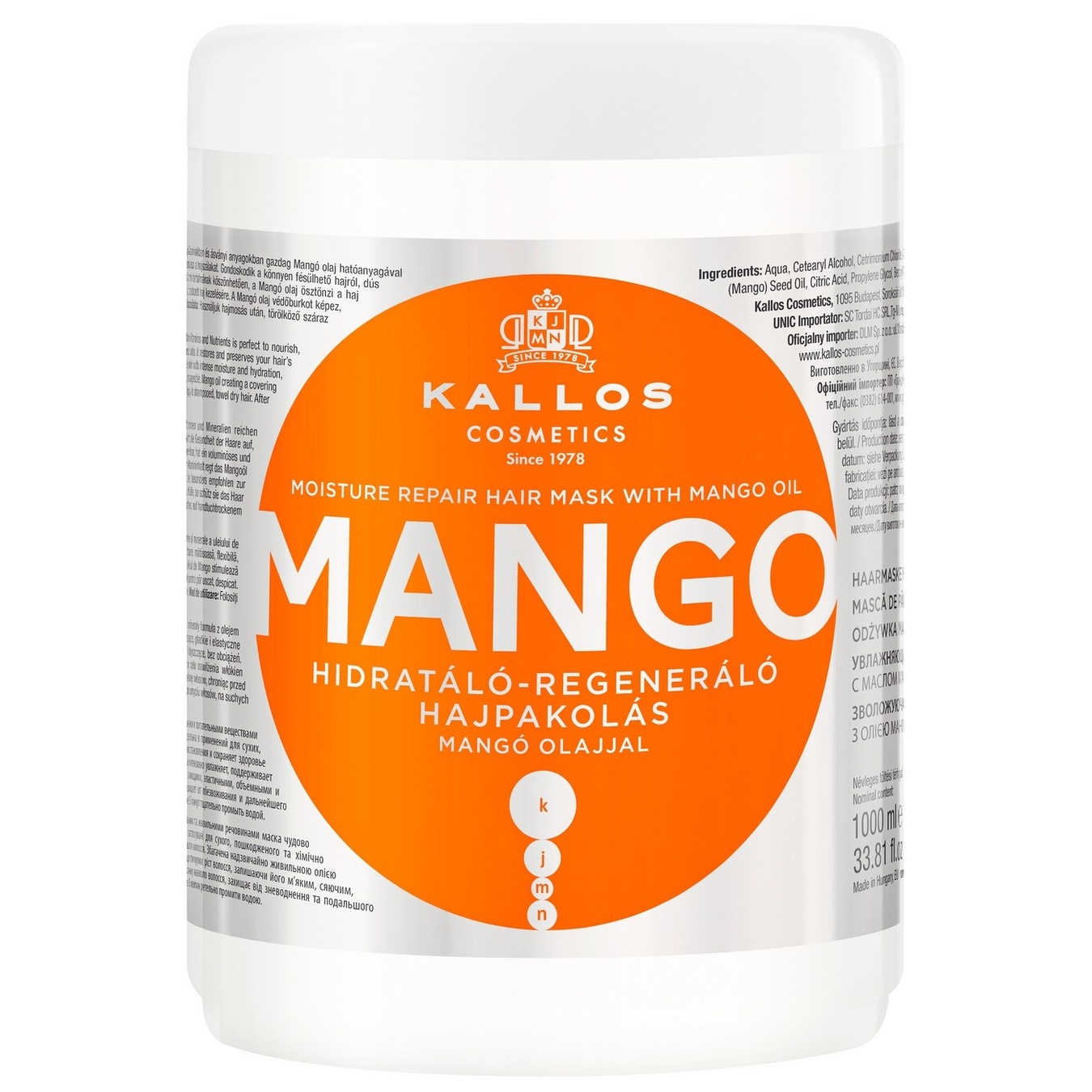 Kallos Cosmetics Mango moisturizing mask with mango oil for hair 1l