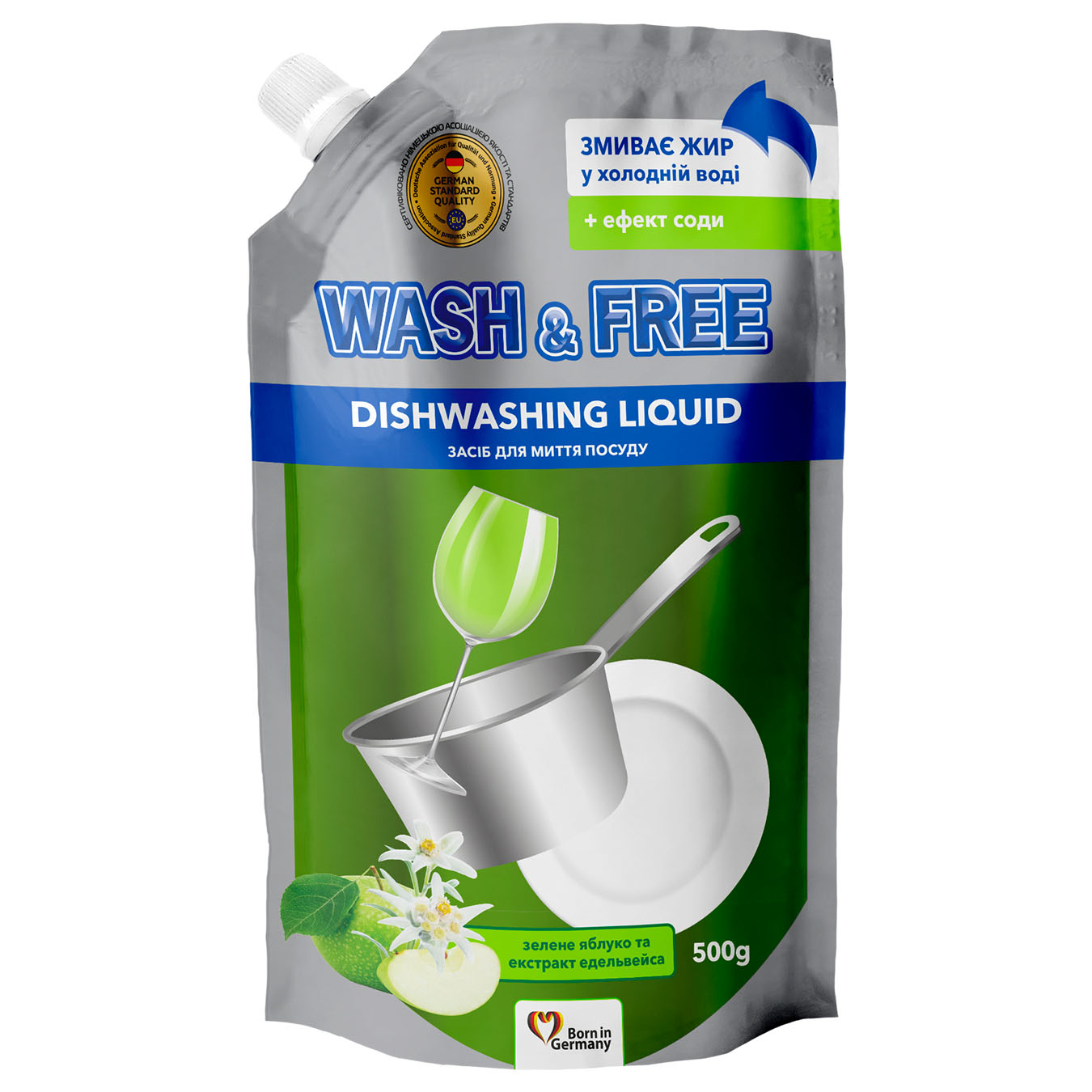 Dishwashing detergent Wash&Free green apple and edelweiss extract 500g doipak