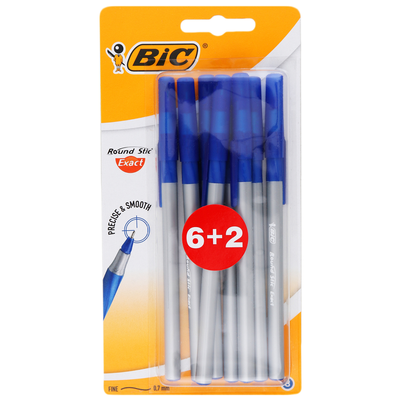 Ручка BIC кулькова раунд стік синя блистер 6+2 штук