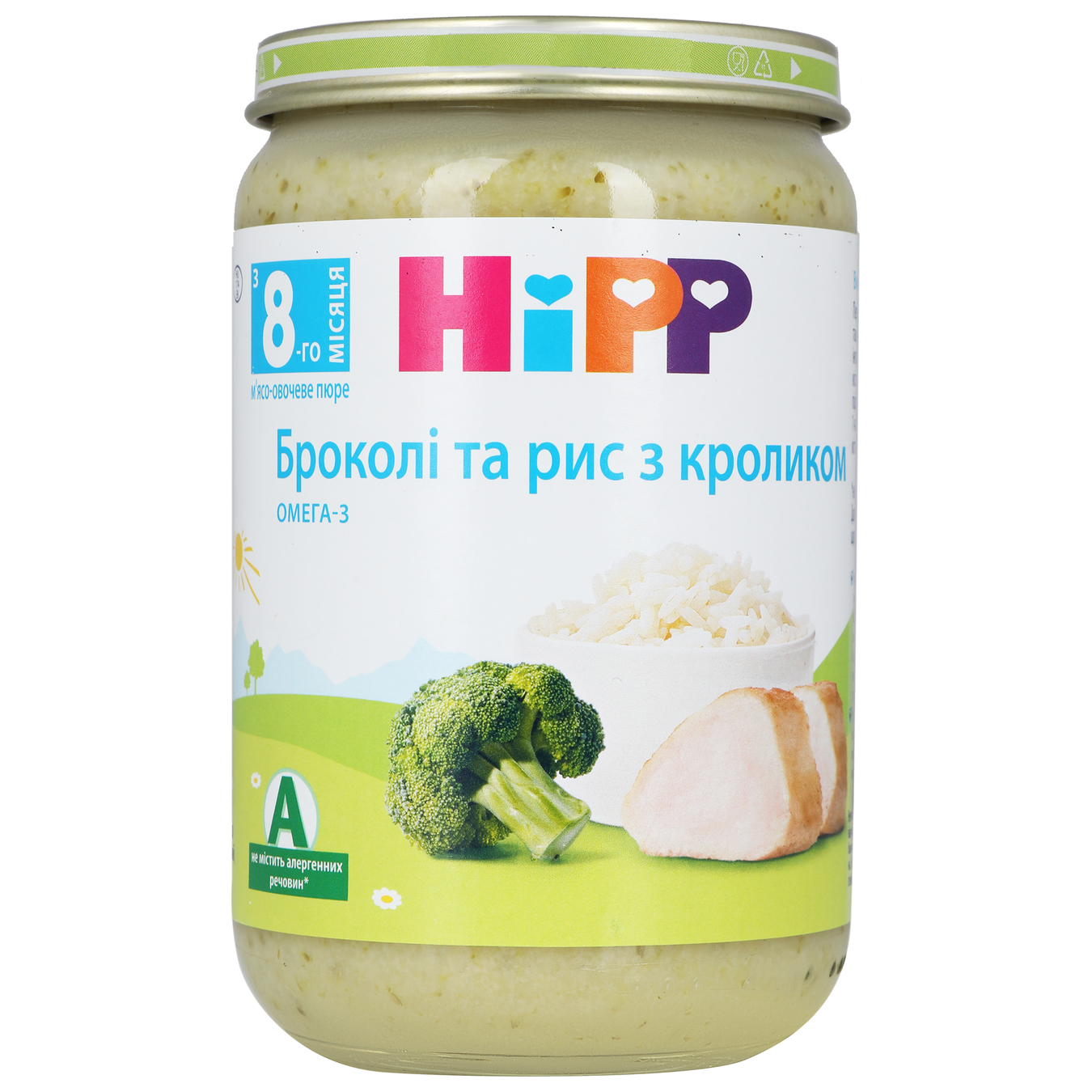 Baby puree HiPP Rabbit in broccoli puree with rice for 8+ month old babies glass jar 220g