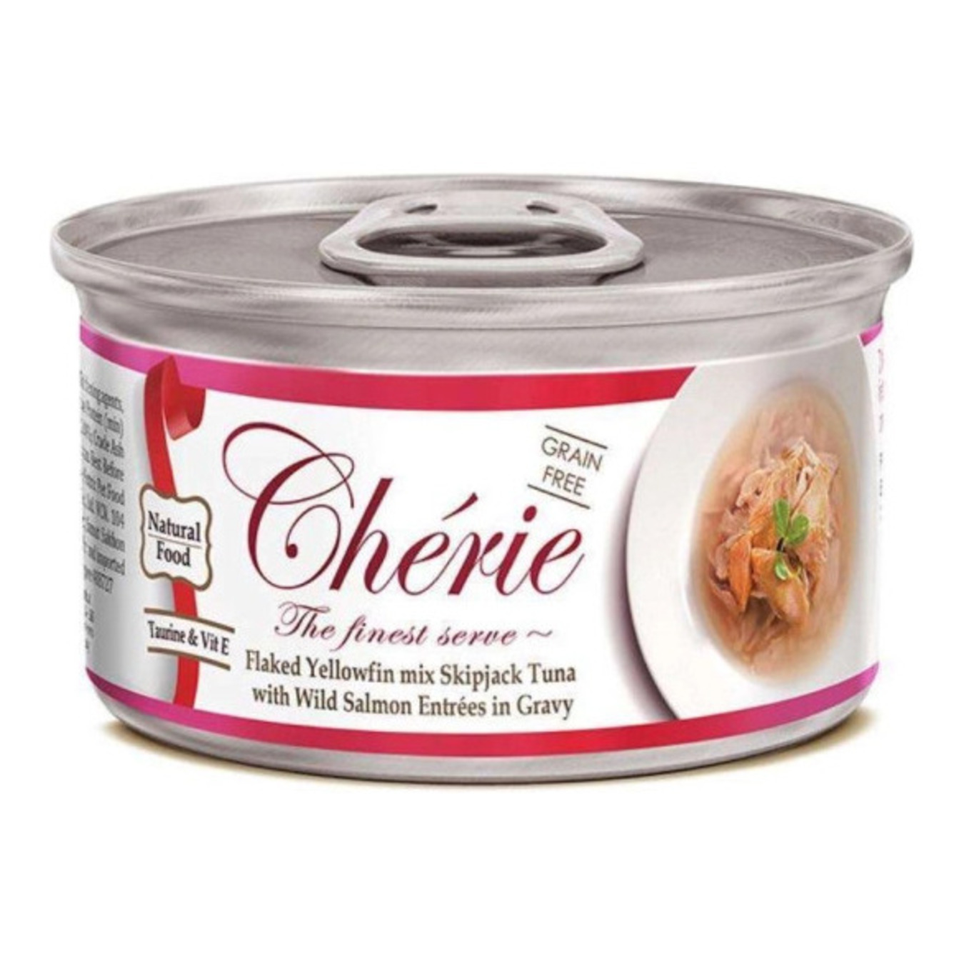 Корм для котів Cherie з ніжними шматочками жовтоперого тунця та дикого лосося в соусі консерва 80г