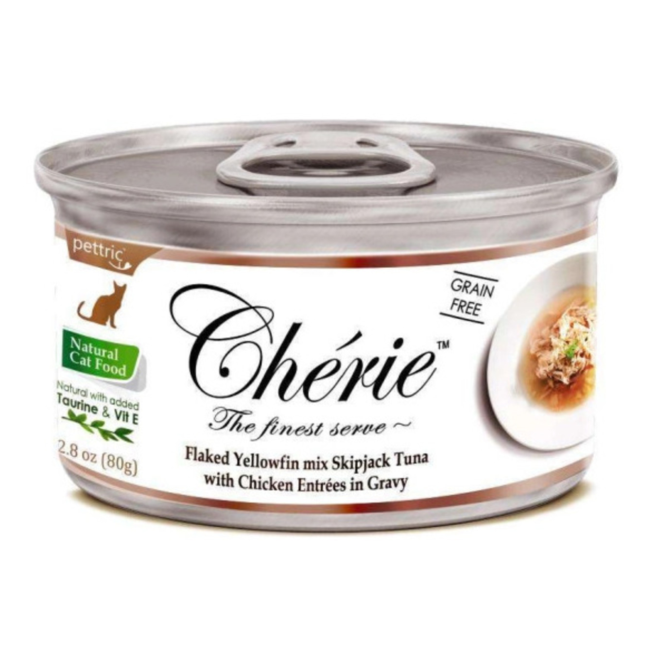 Корм для кошек Cherie с нежными кусочками желтоперого тунца и курицы в соусе консерва 80г