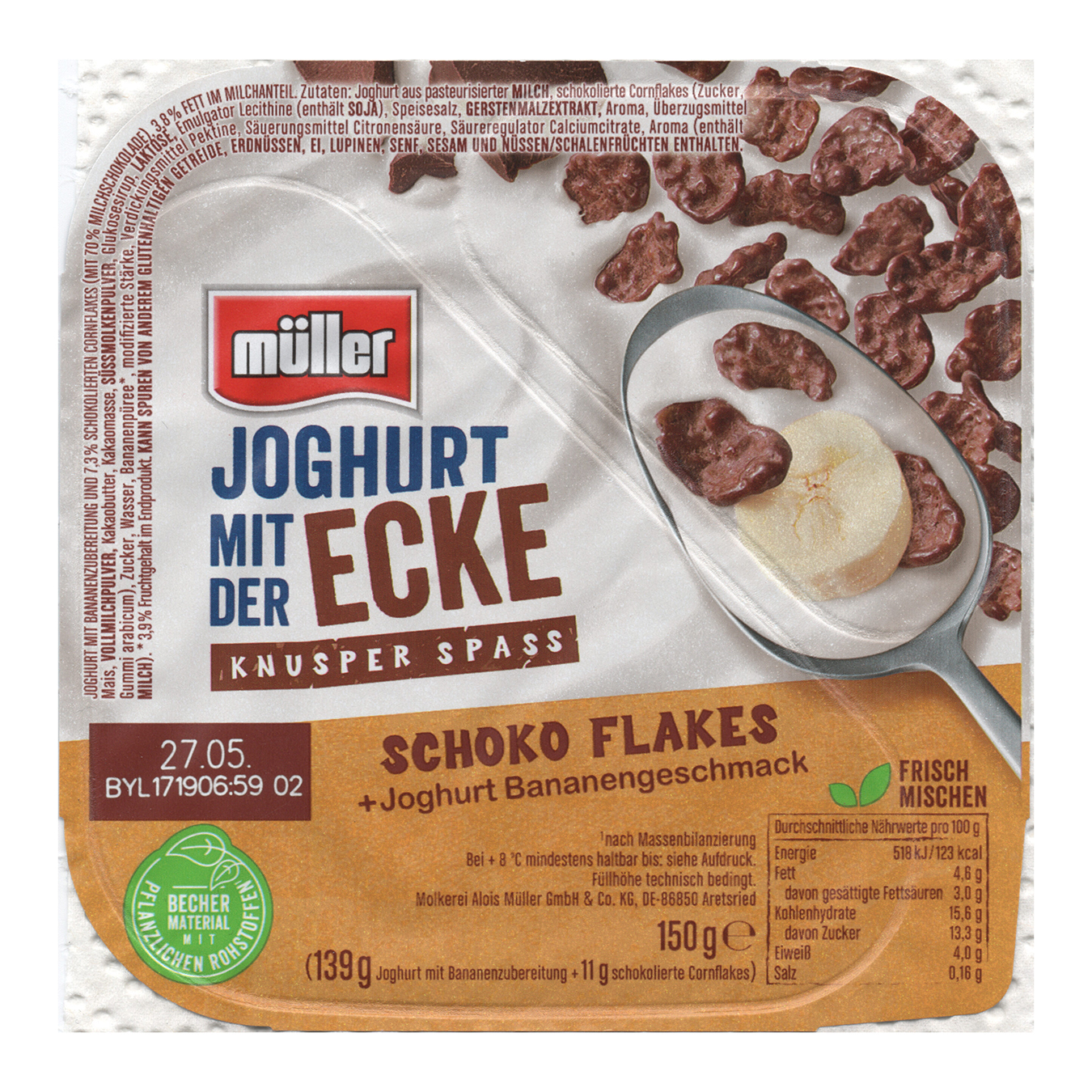 Yogurt Müller banana and flakes in chocolate 3.8% 150g