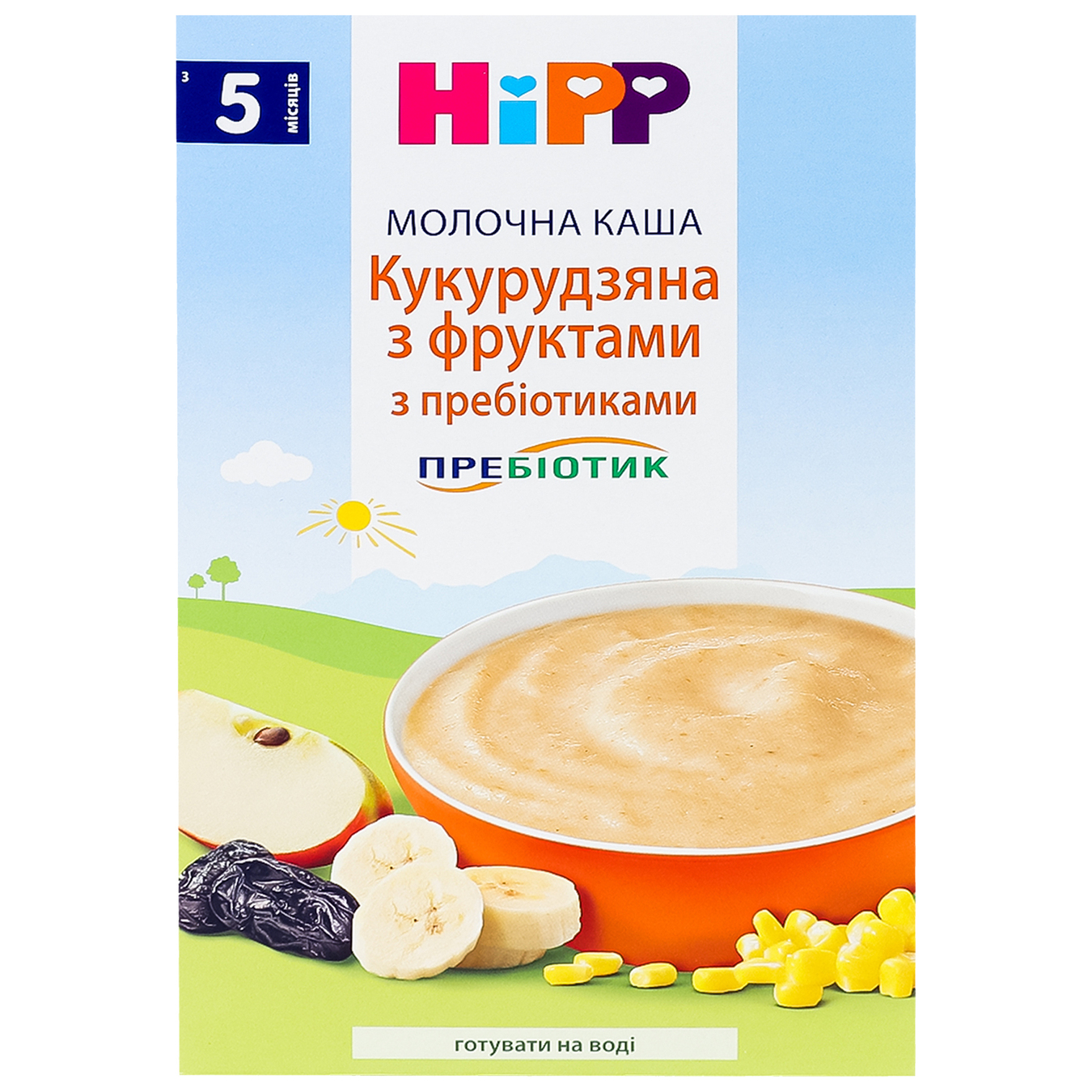 Каша дитяча HiPP Кукурудзяна з фруктами з пребіотиками молочна без цукру з 5 місяців 250г
