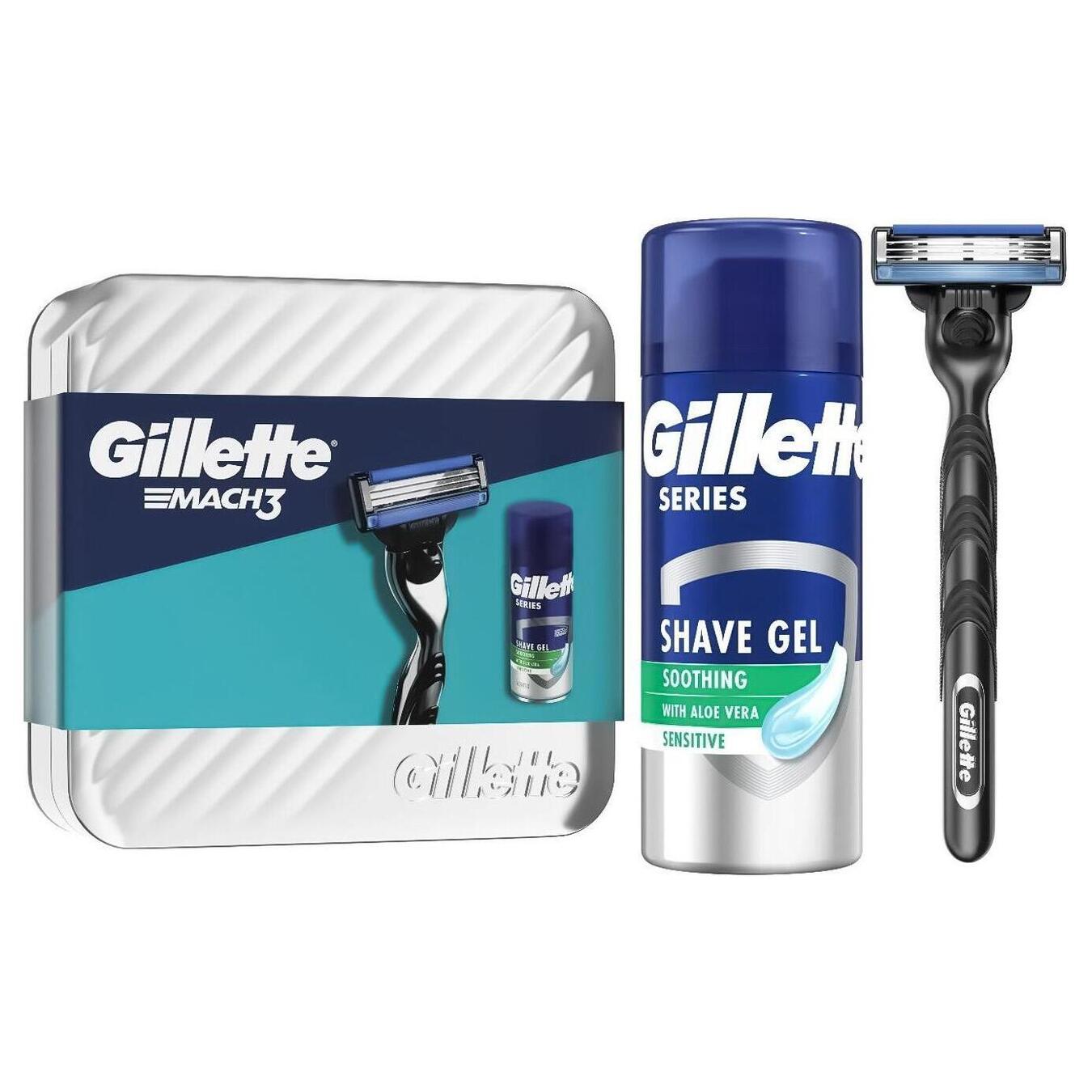Набір бритва з 1 змінною касетою + гель для гоління Сіріез заспокійливий Gillette Mach 375мл 2