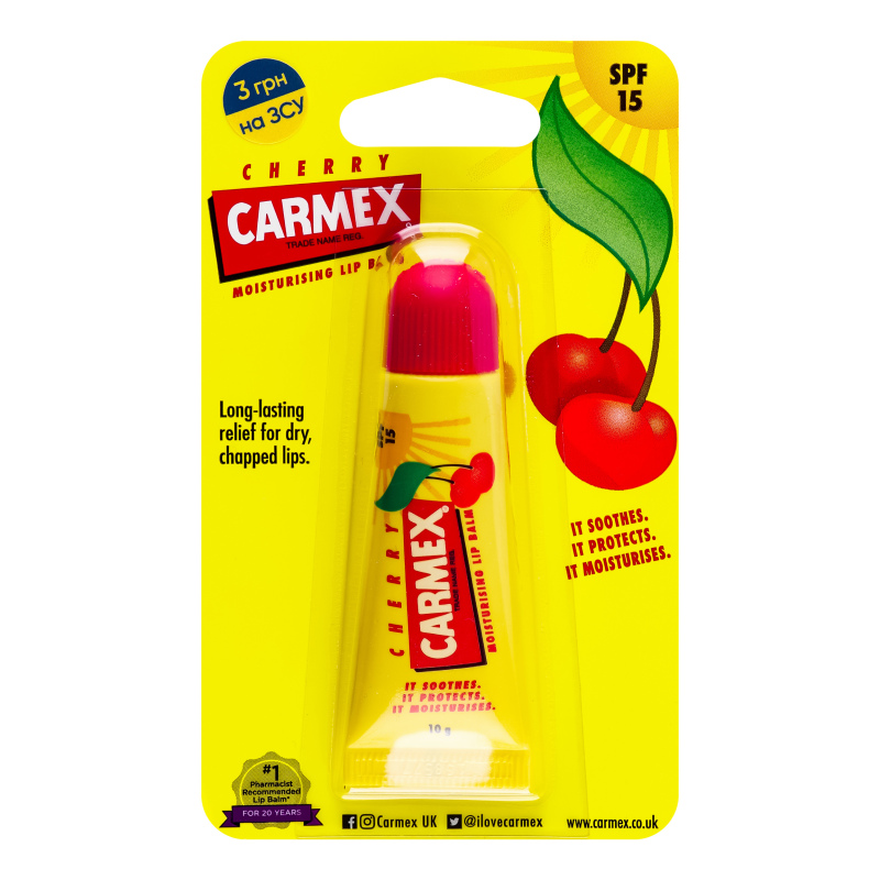Carmex cherry-flavored lip balm in a tube of 10g