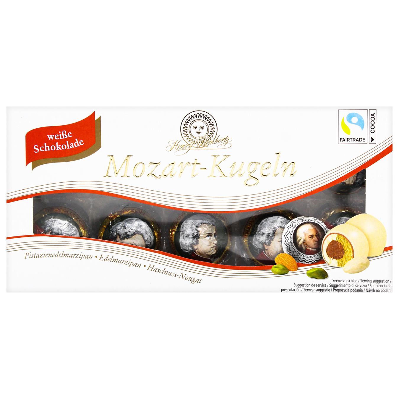 Lambertz candies with pistachio-marzipan filling (24%), marzipan filling (24%) and nougat (13%), covered with white chocolate (22%) and milk chocolate (17%)