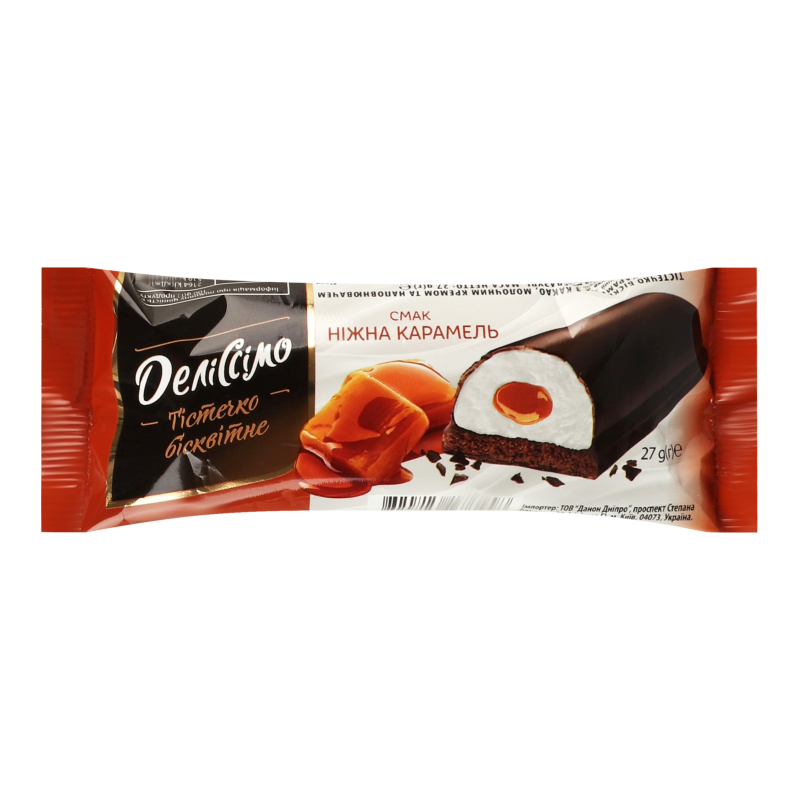 Biscuit cake with Delissimo cocoa Gentle caramel in glaze 35.9% 27g