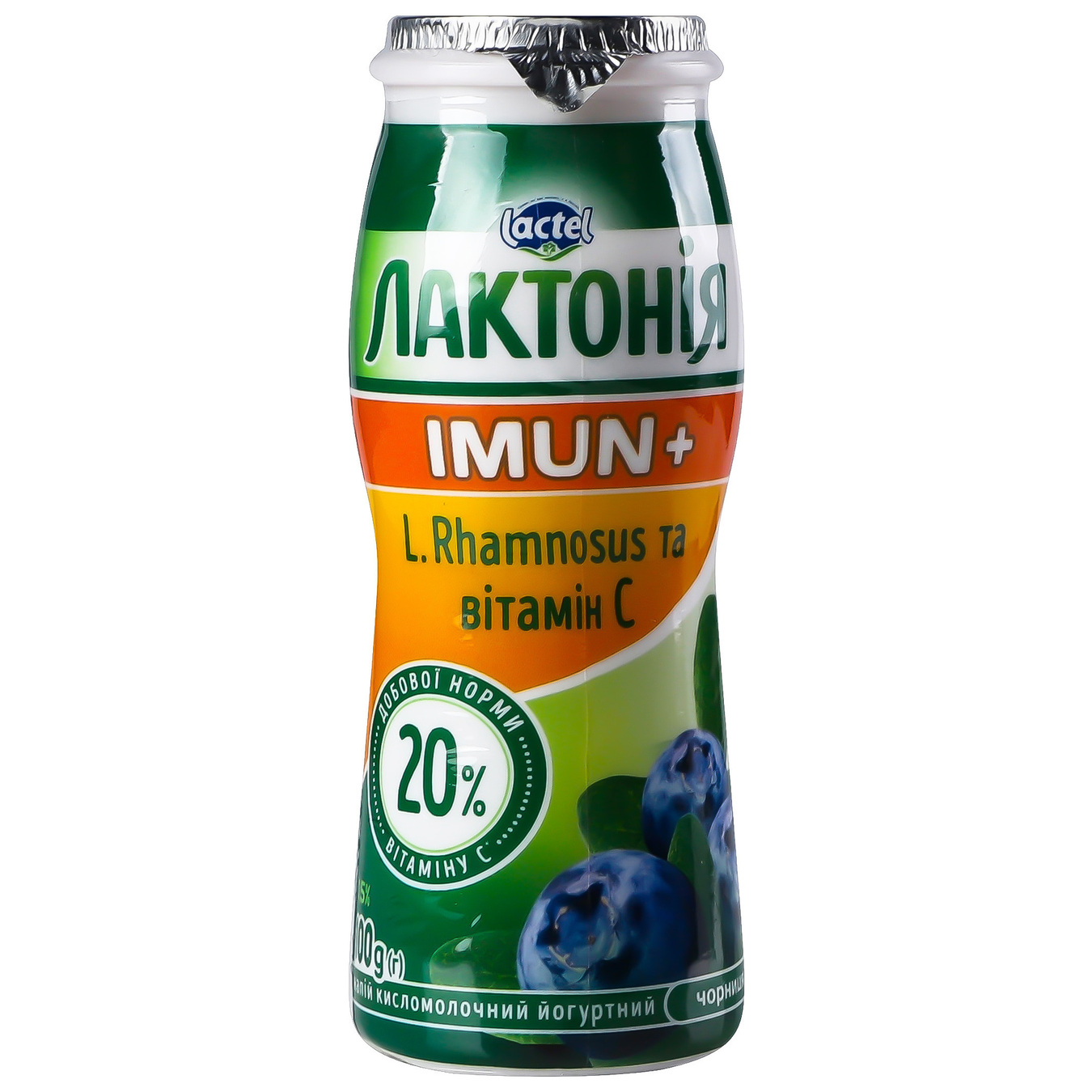 Продукт кисломолочний Лактонія чорниця з пробіотиком L.Rhamnosus та вітаміном С Імун+ 1,5% 100г