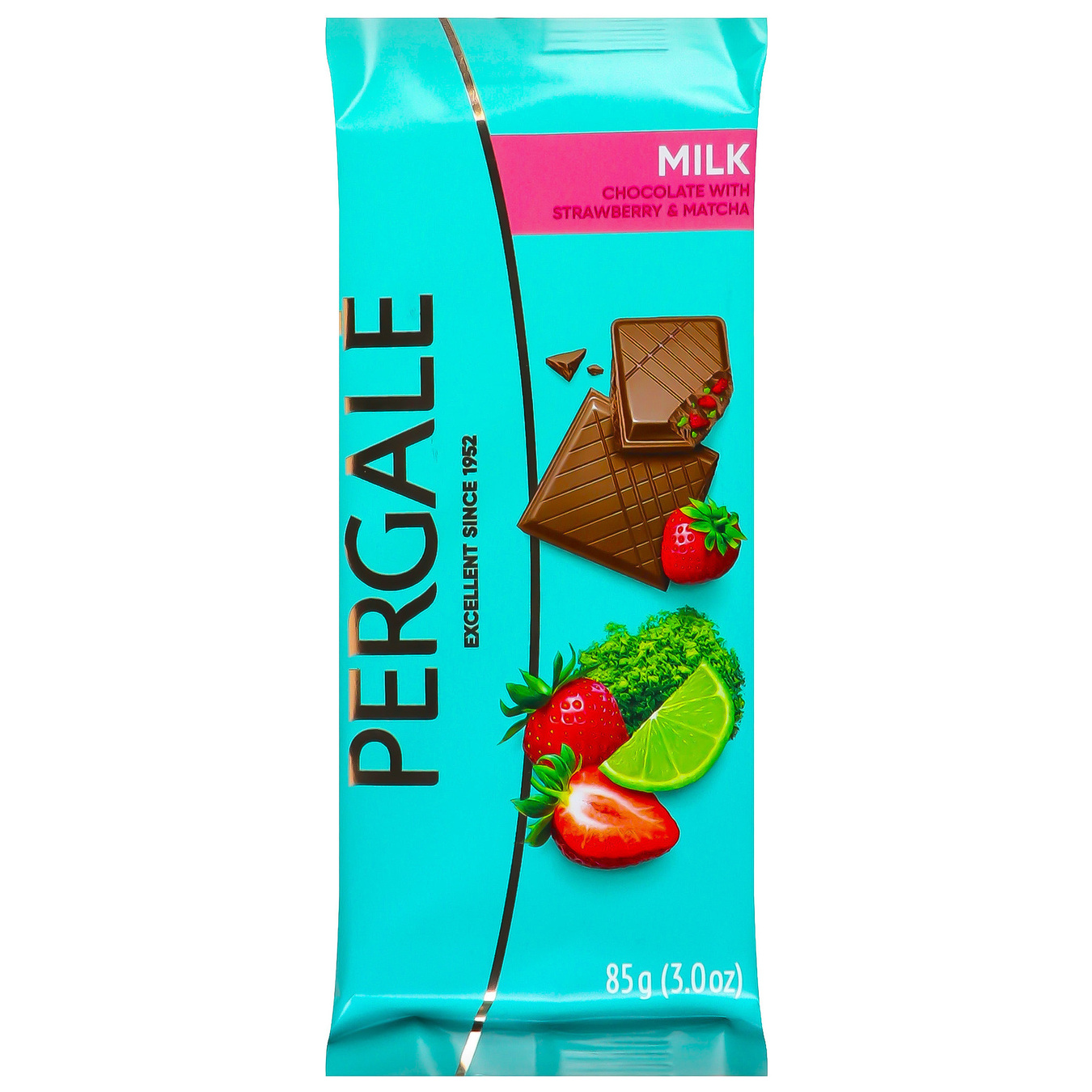 Pergale milk chocolate with strawberry pieces and matcha lime 85g