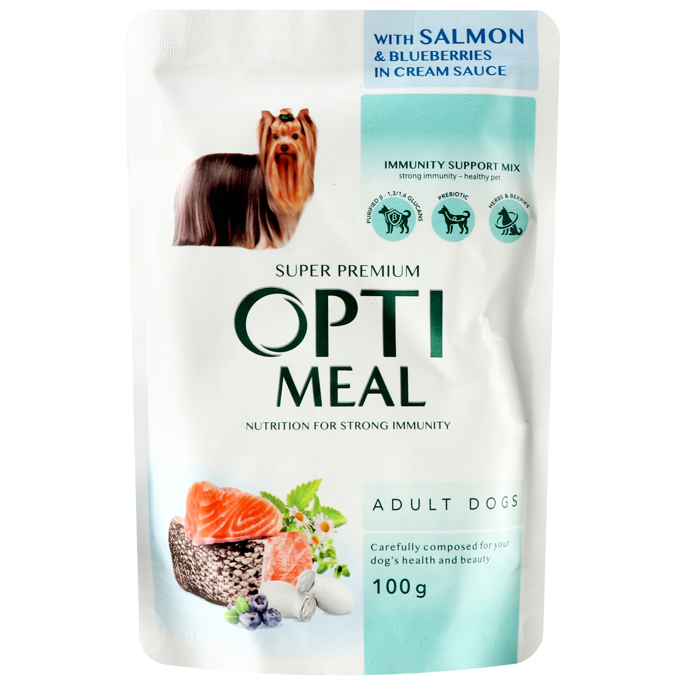 Food for adult dogs Optimeal with salmon and blueberries in cream sauce pouch 100g