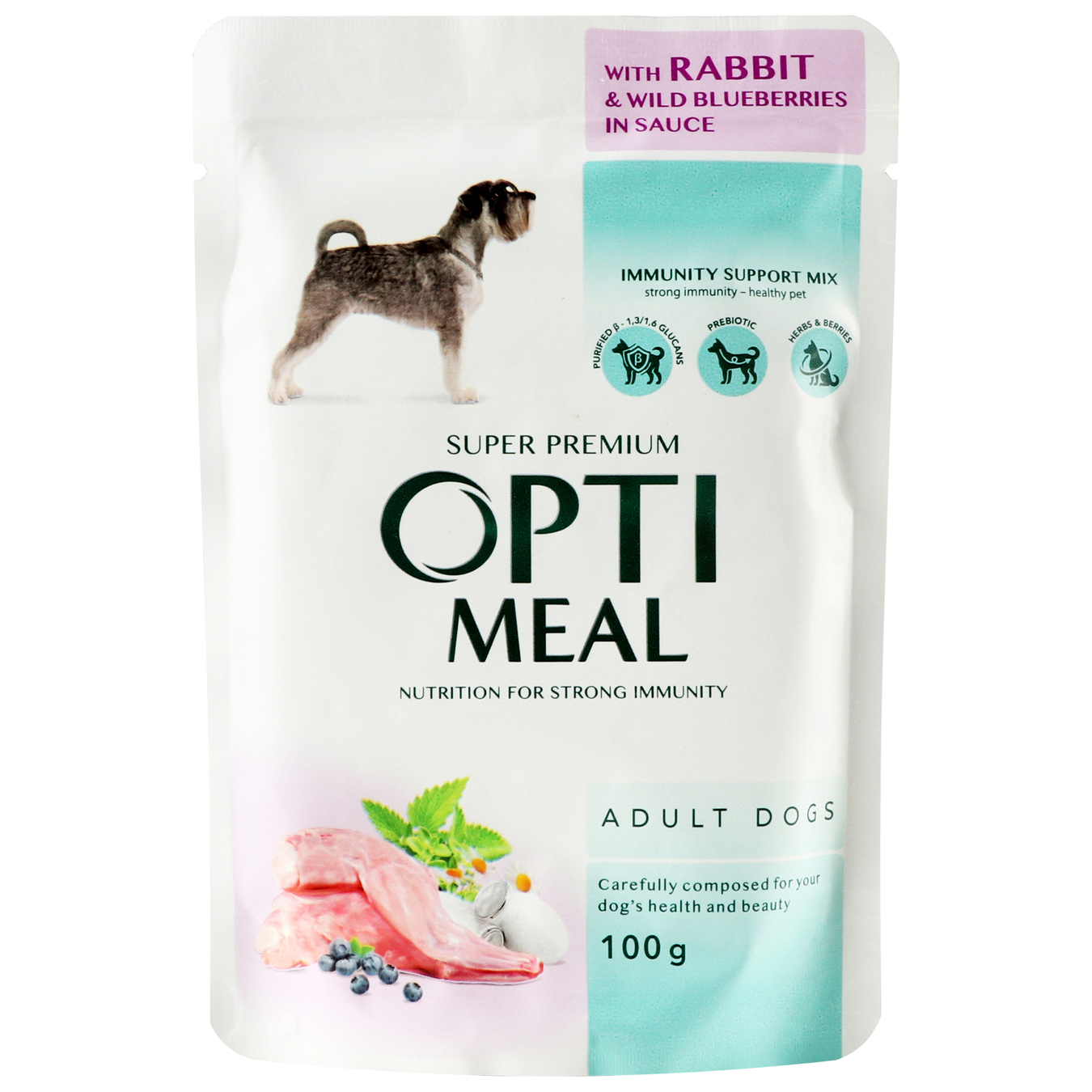 Food for adult dogs Optimeal with rabbit and blueberries in sauce pouch 100g