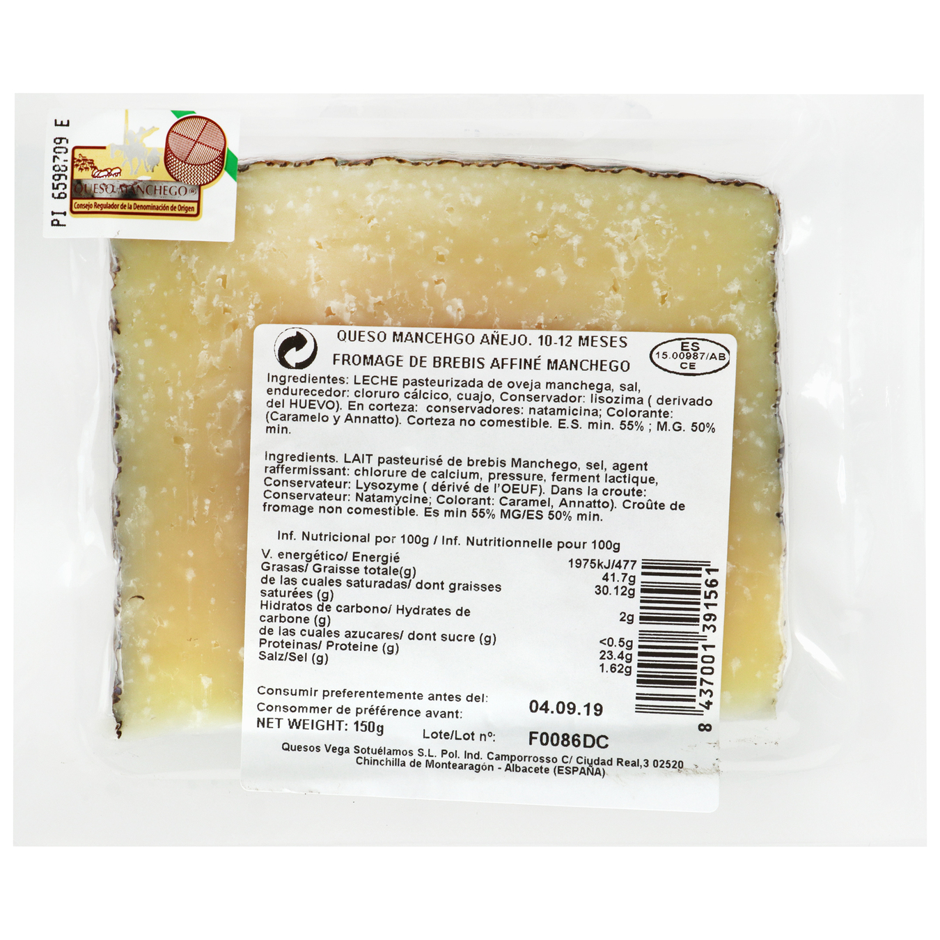 Hard cheese Manchego Dop Vega Sotuelamos 10-12 months aging 55% 150g 3