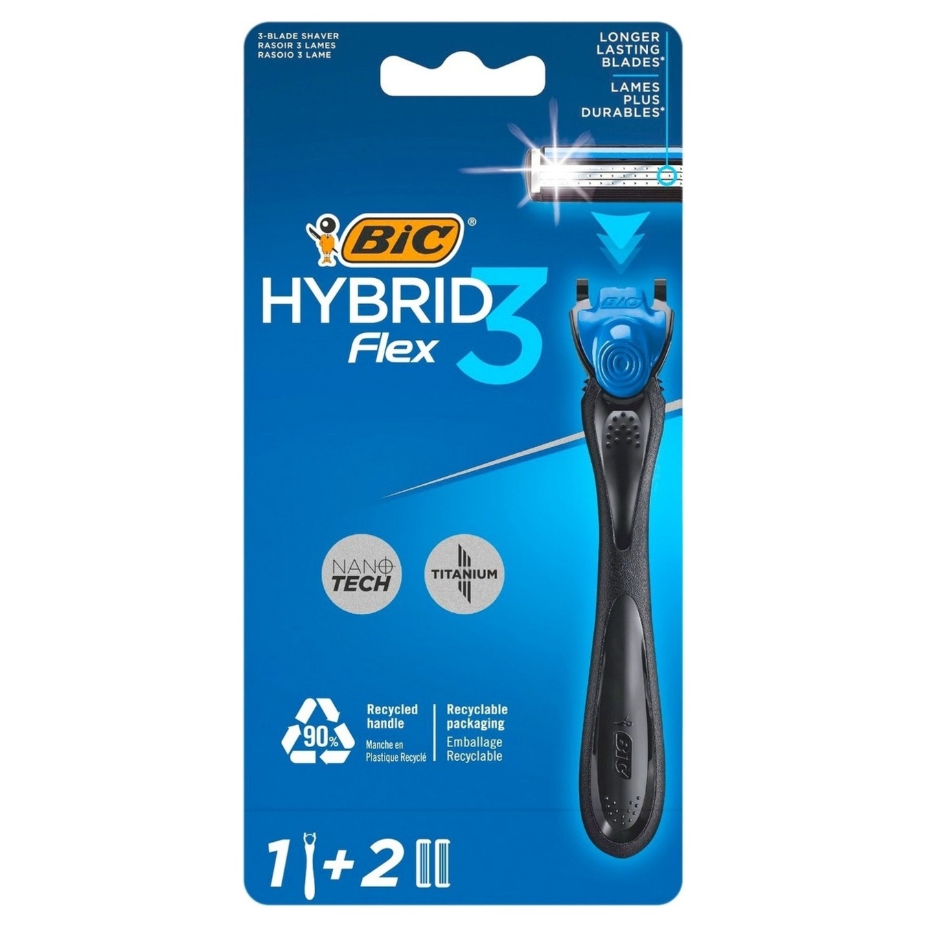 BIC razor for men's shaving with replaceable cartridges hybrid 3 2 pcs