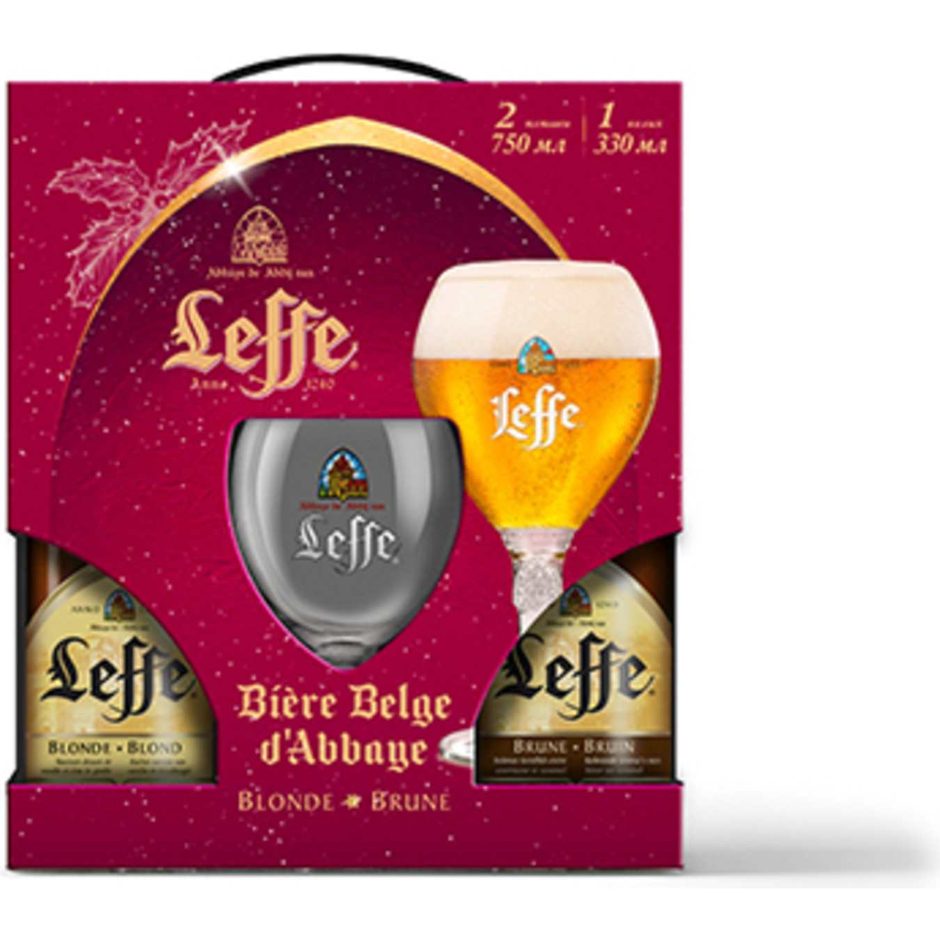 Set of light beer Leffe Blonde 6.6% 0.75l + dark beer Leffe Brune 6.5% 0.75l + glass 0.33 6.4%