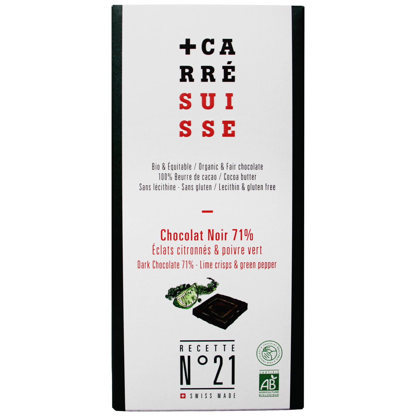 Extra-Dark Chocolate Carre Suisse With Lime Chips And Green Pepper 100g