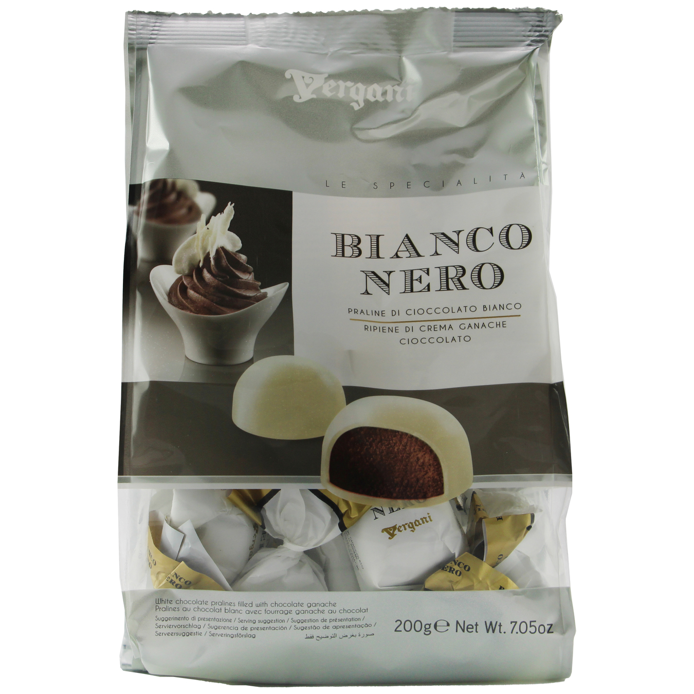 Цукерки Vergani Bianco&Nero з начинкою з шоколадного ганашу в білому шоколаді 200г