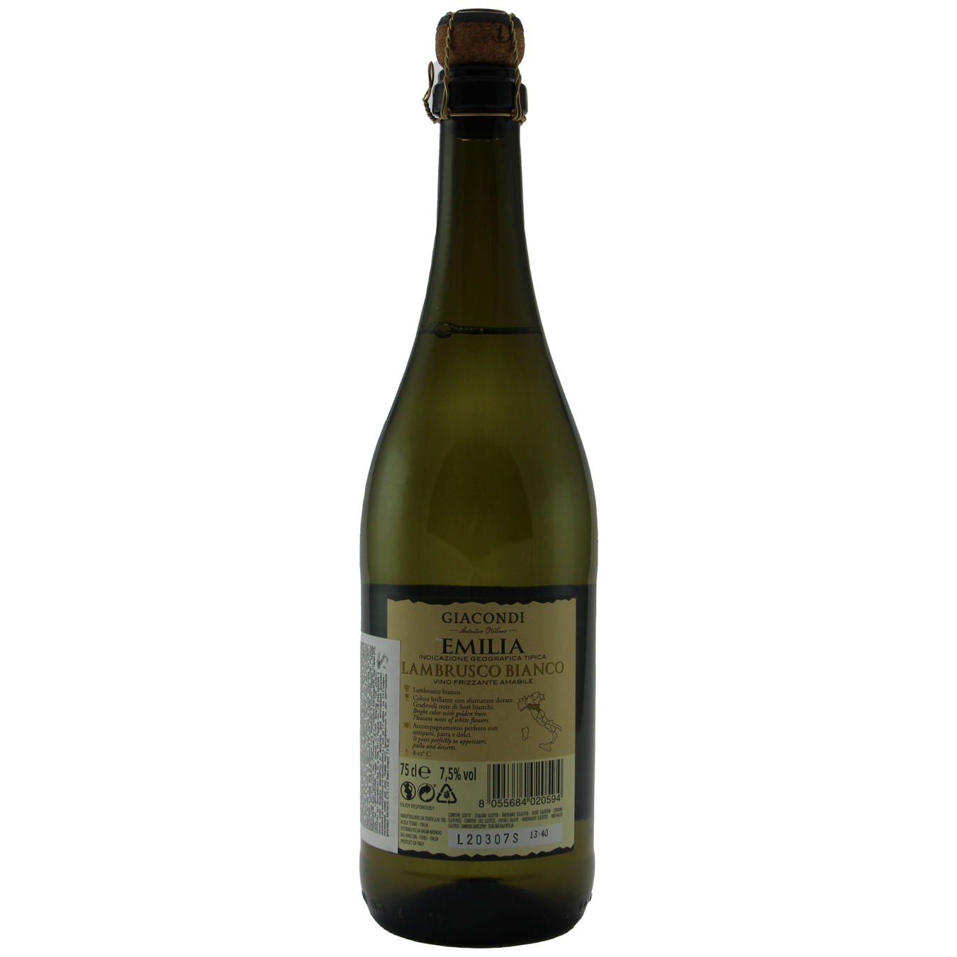 Вино Giacondi Frizzante Lambrusco Bianco Amabile Emilia игристое белое полусухое 7,5% 0,75л 2
