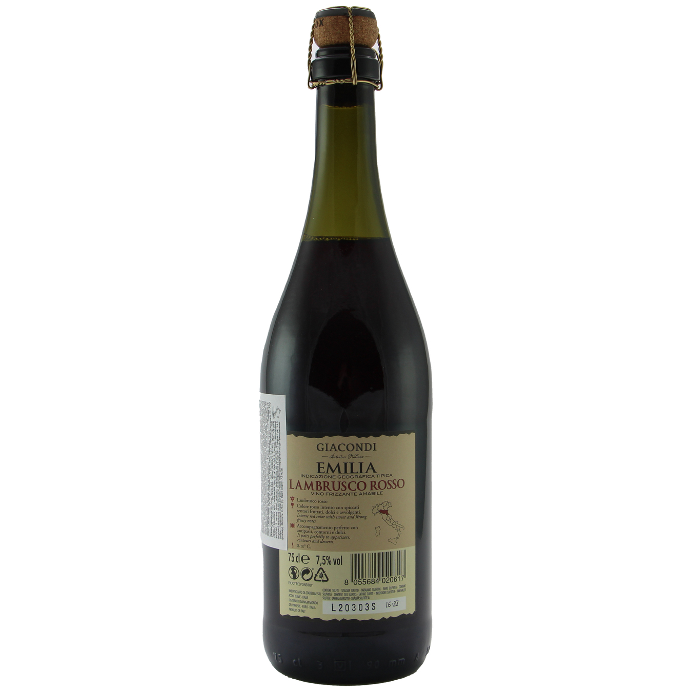 Вино ігристе Giacondi Frizzante Lambrusco Rosso Amabile Emilia червоне напівсухе 7,5% 0,75л 3