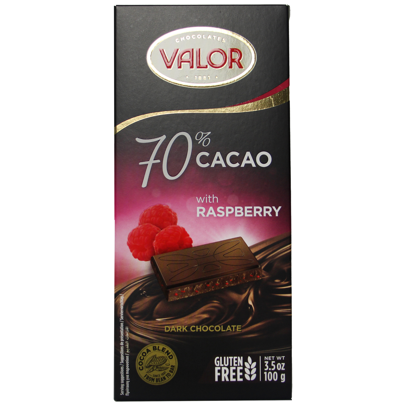 Шоколад чорний Valor з малиною 70% 100г