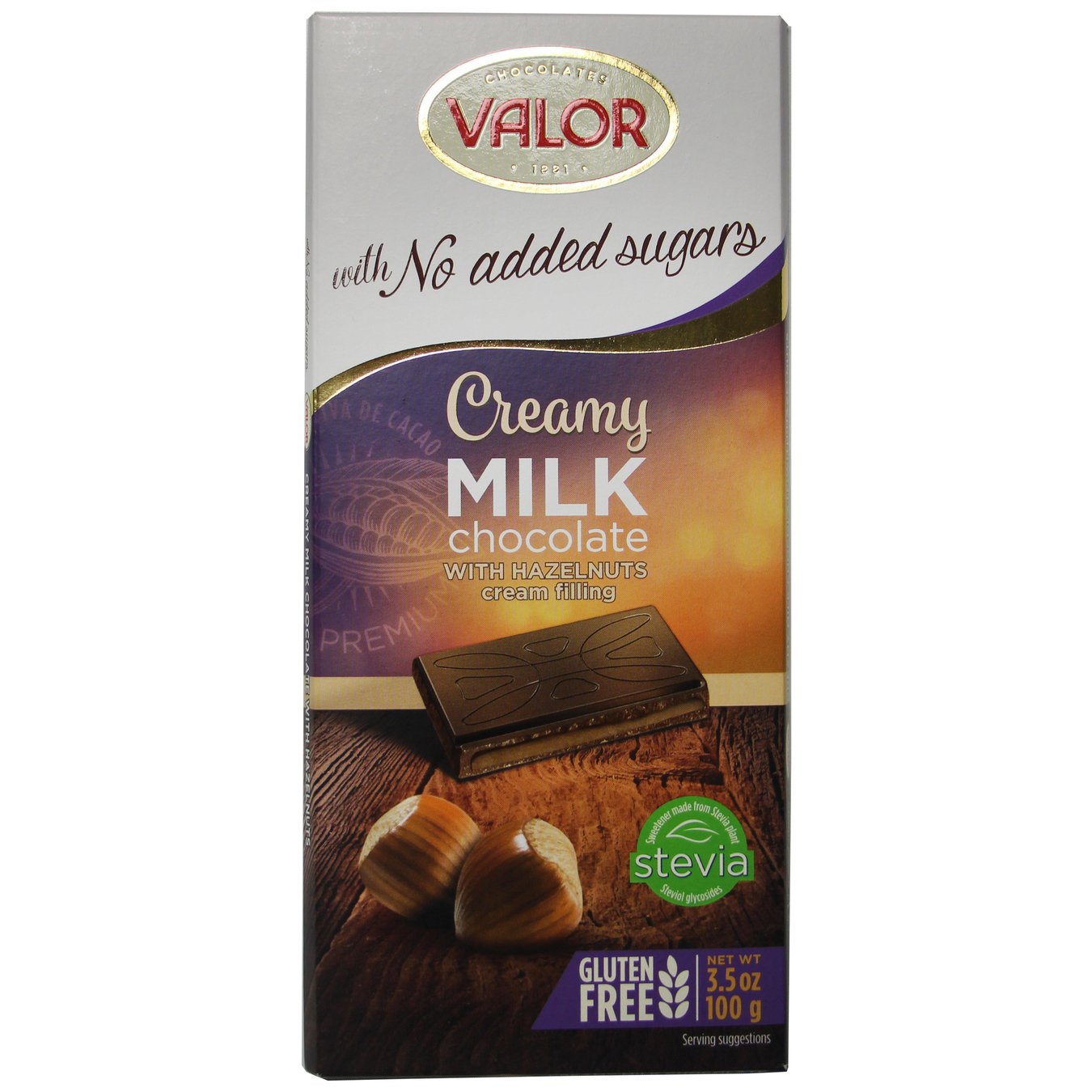 Шоколад молочний Valor з начинкою з ядер горіха фундука без цукру 100г