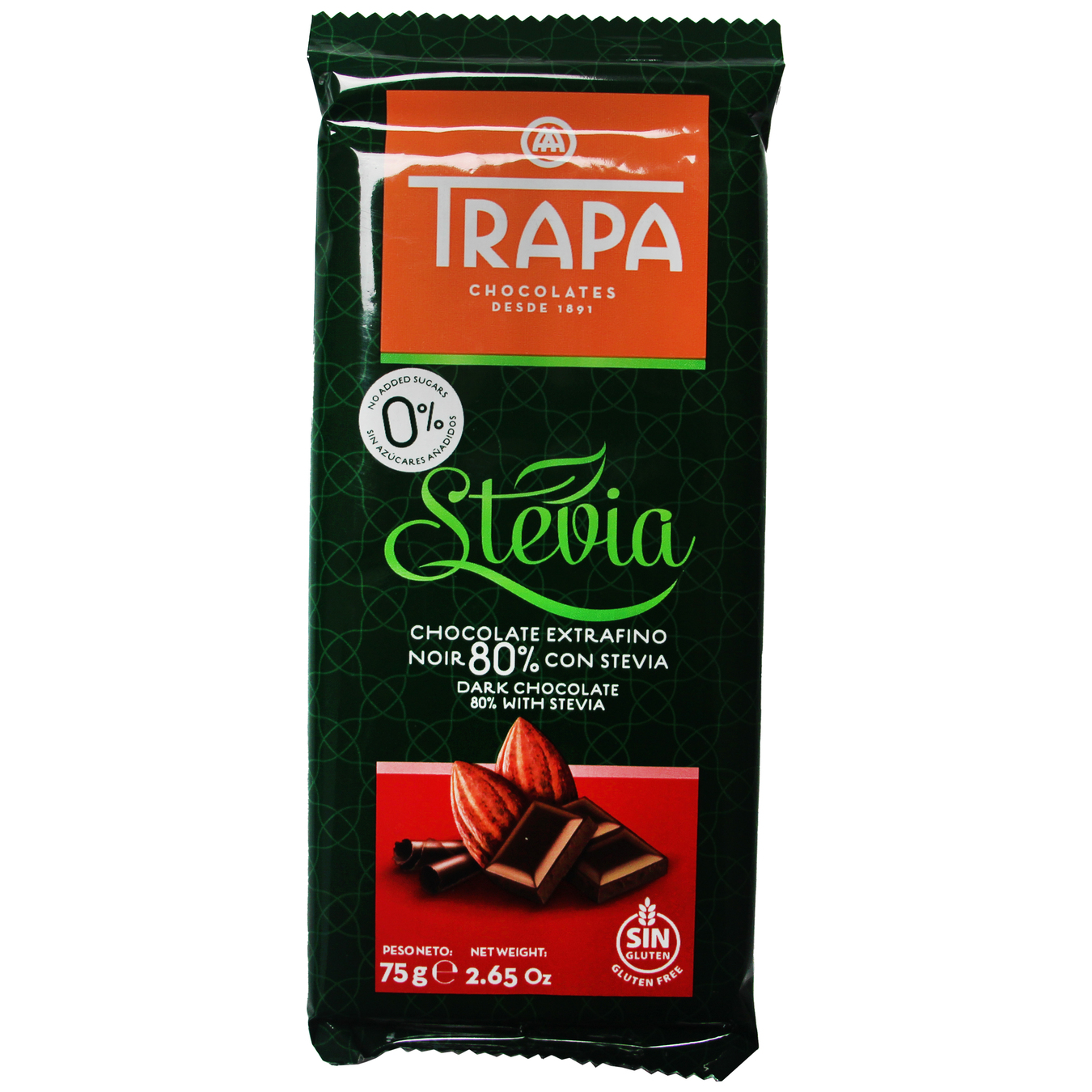 Шоколад чорний Trapa Stevia без цукру 75г