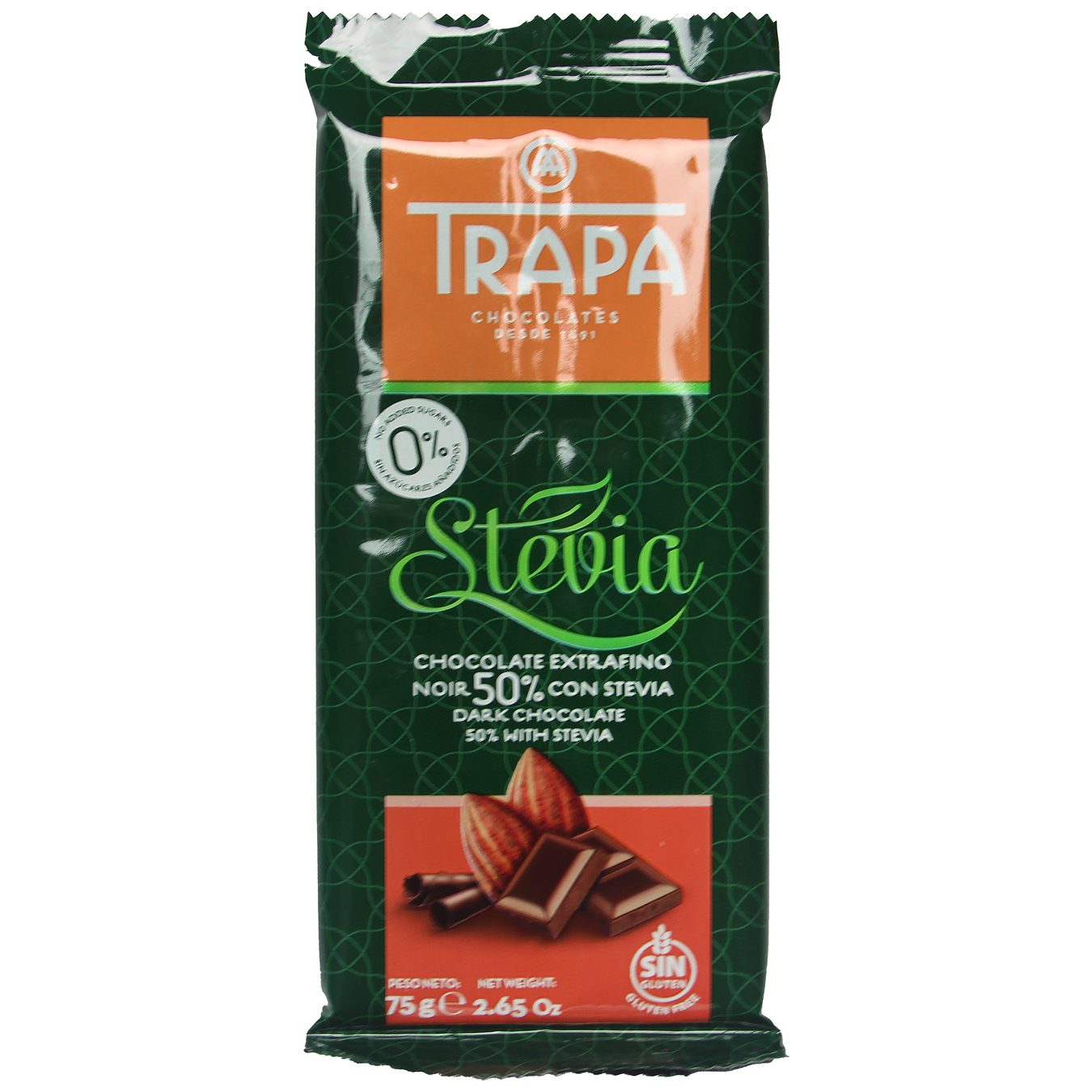 Шоколад черный Trapa Stevia без сахара 75г